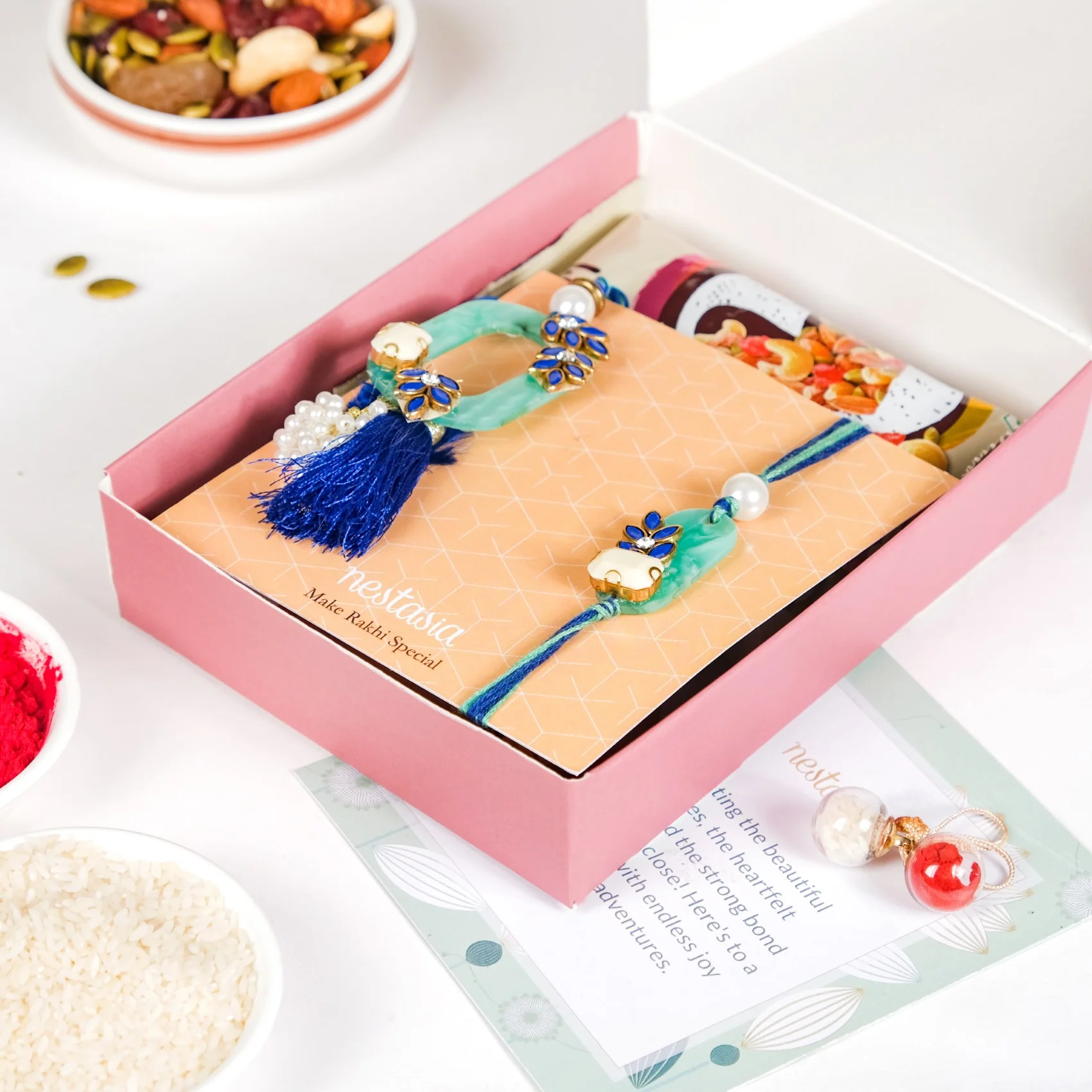 Blue Leaf Motif Designer Rakhi Lumba Set Of 4 With Box And Card - Image 8