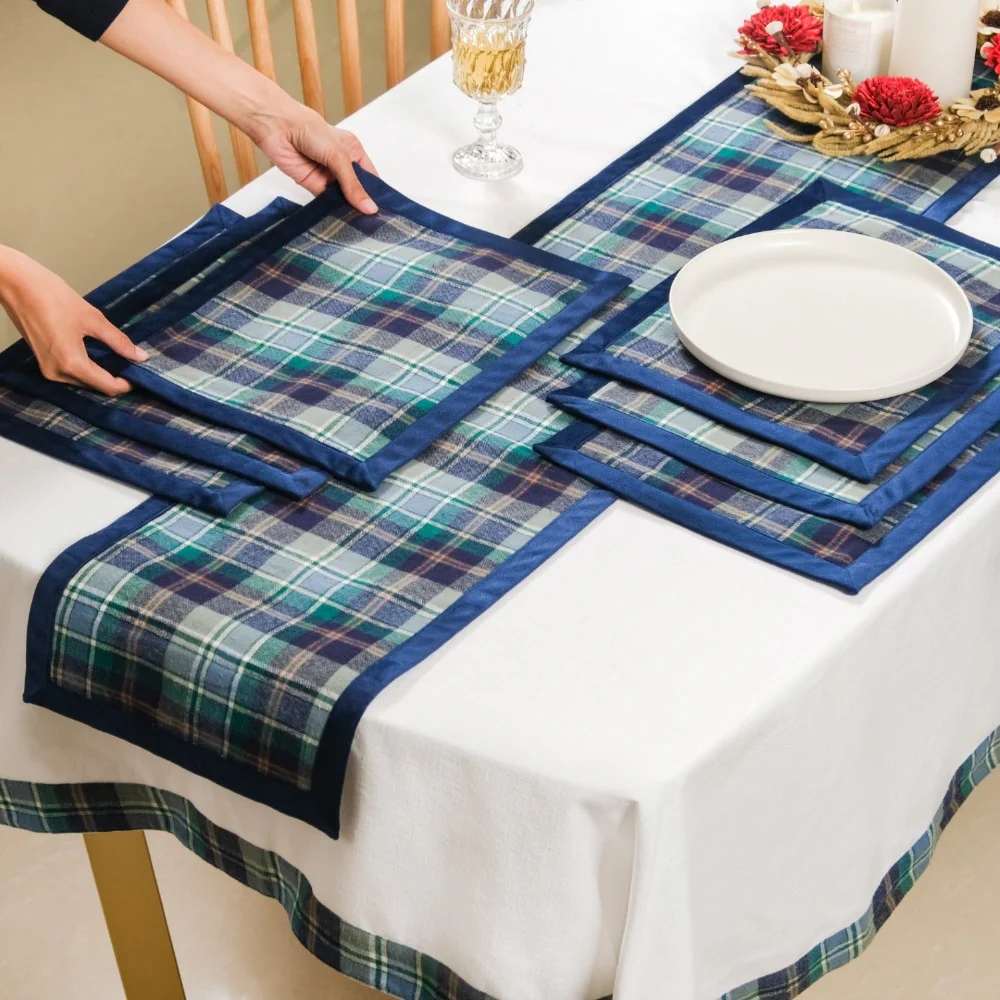 Blue Plaid Table Mat And Runner Set Of 7 - Image 2
