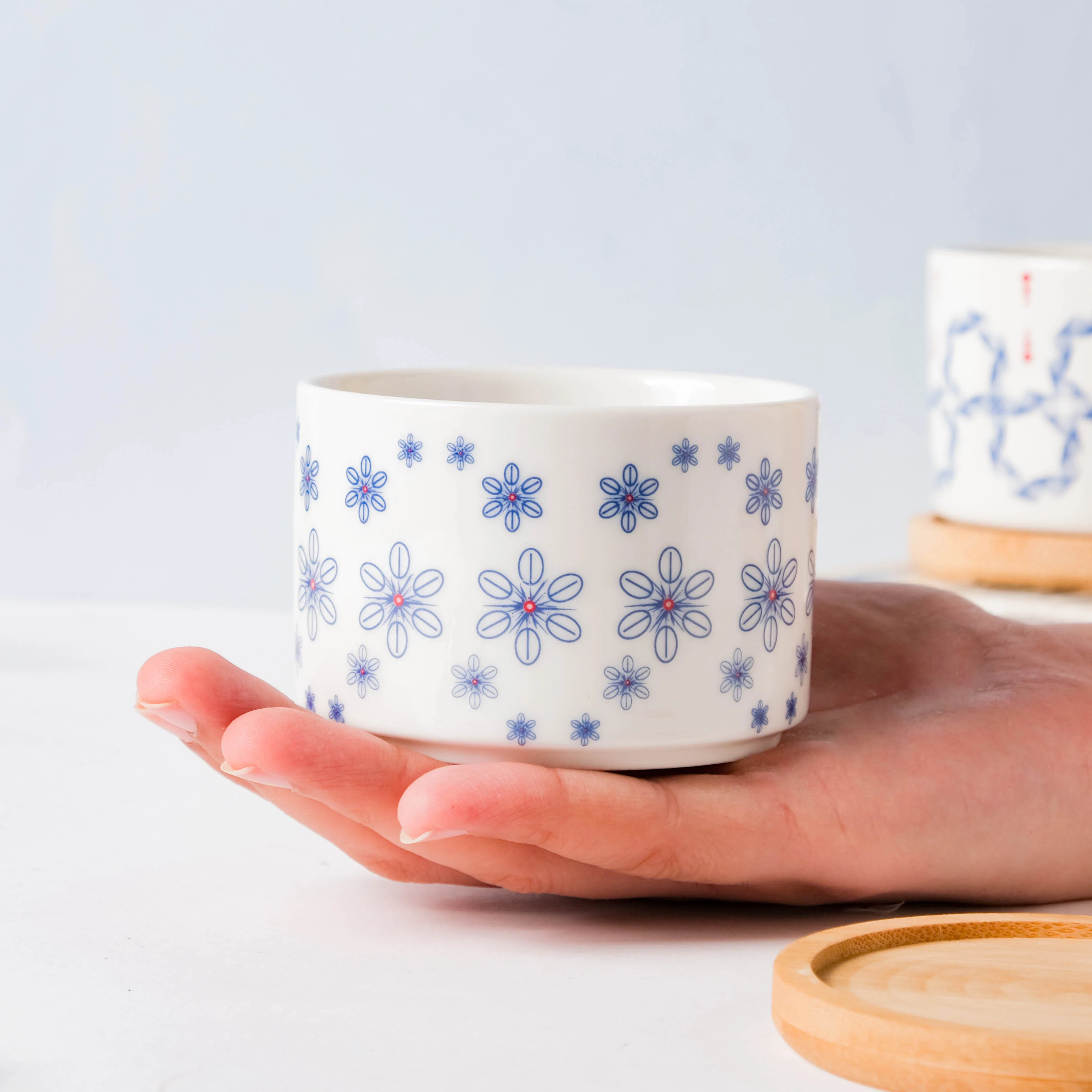Blue Snowflake Japanese Planter And Wooden Coaster - Image 7