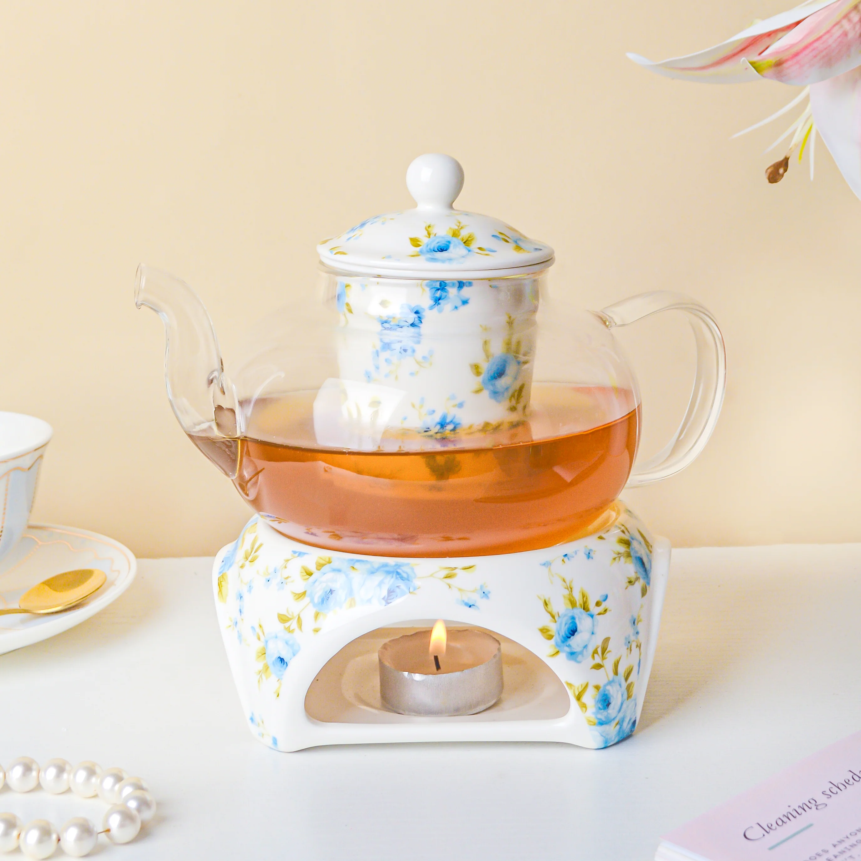 Bluebird Glass Teapot With Warmer White And Blue 700 ml - Image 4