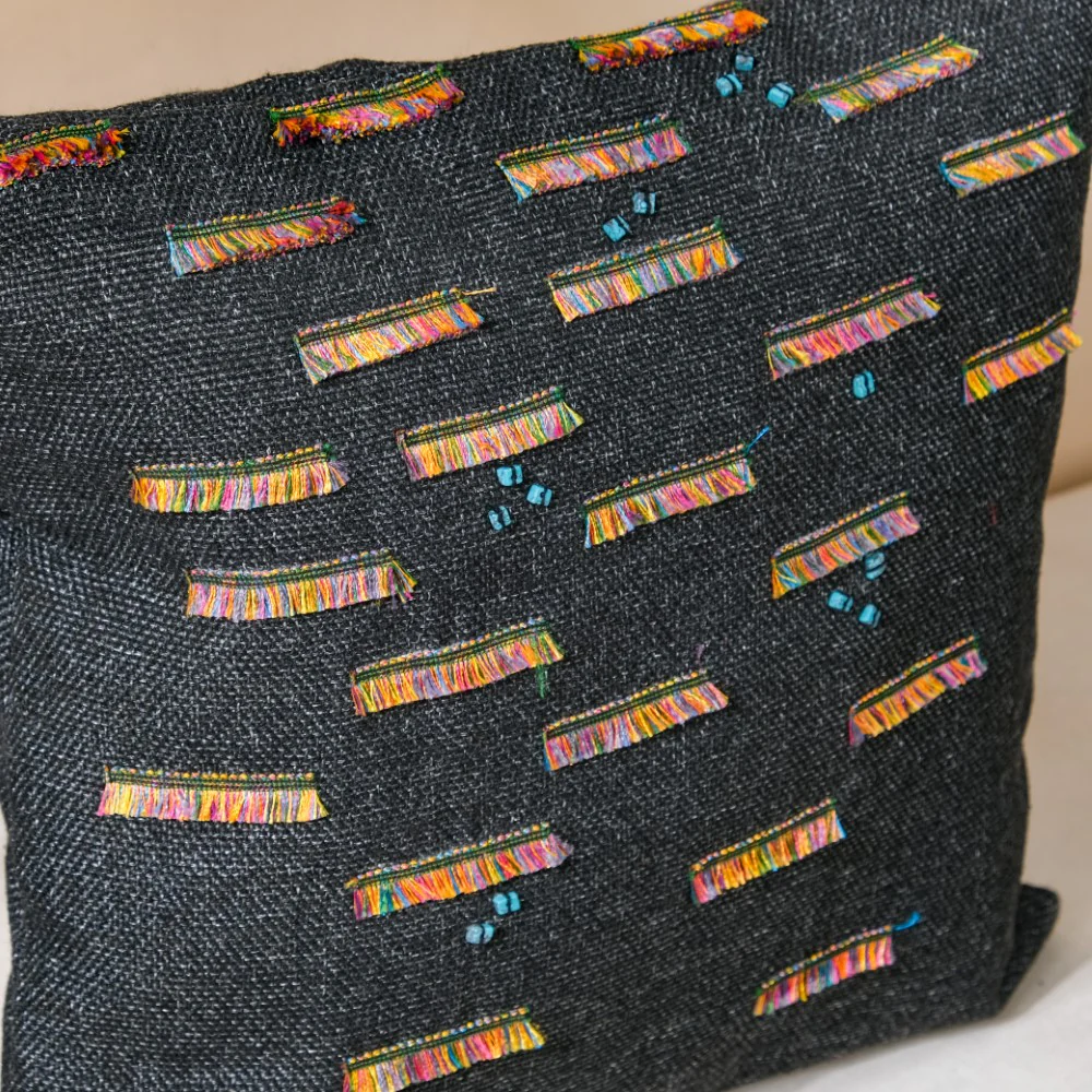 Boho Threadwork Beaded Jute Cushion Cover Black 16 x 16 Inch - Image 2