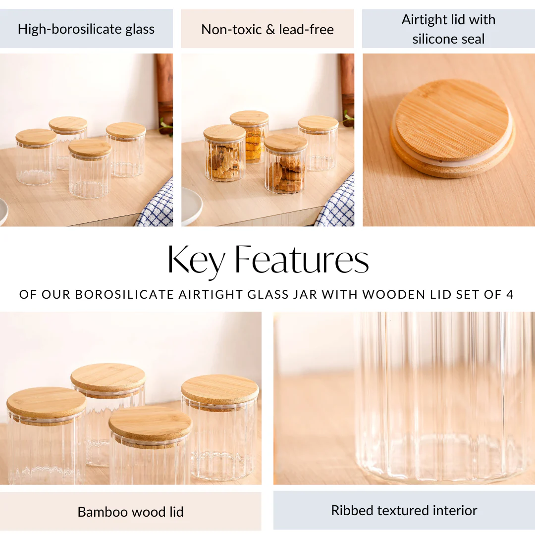 Borosilicate Airtight Glass Jar With Wooden Lid Set Of 4 Ribbed Design 610ml - Image 5