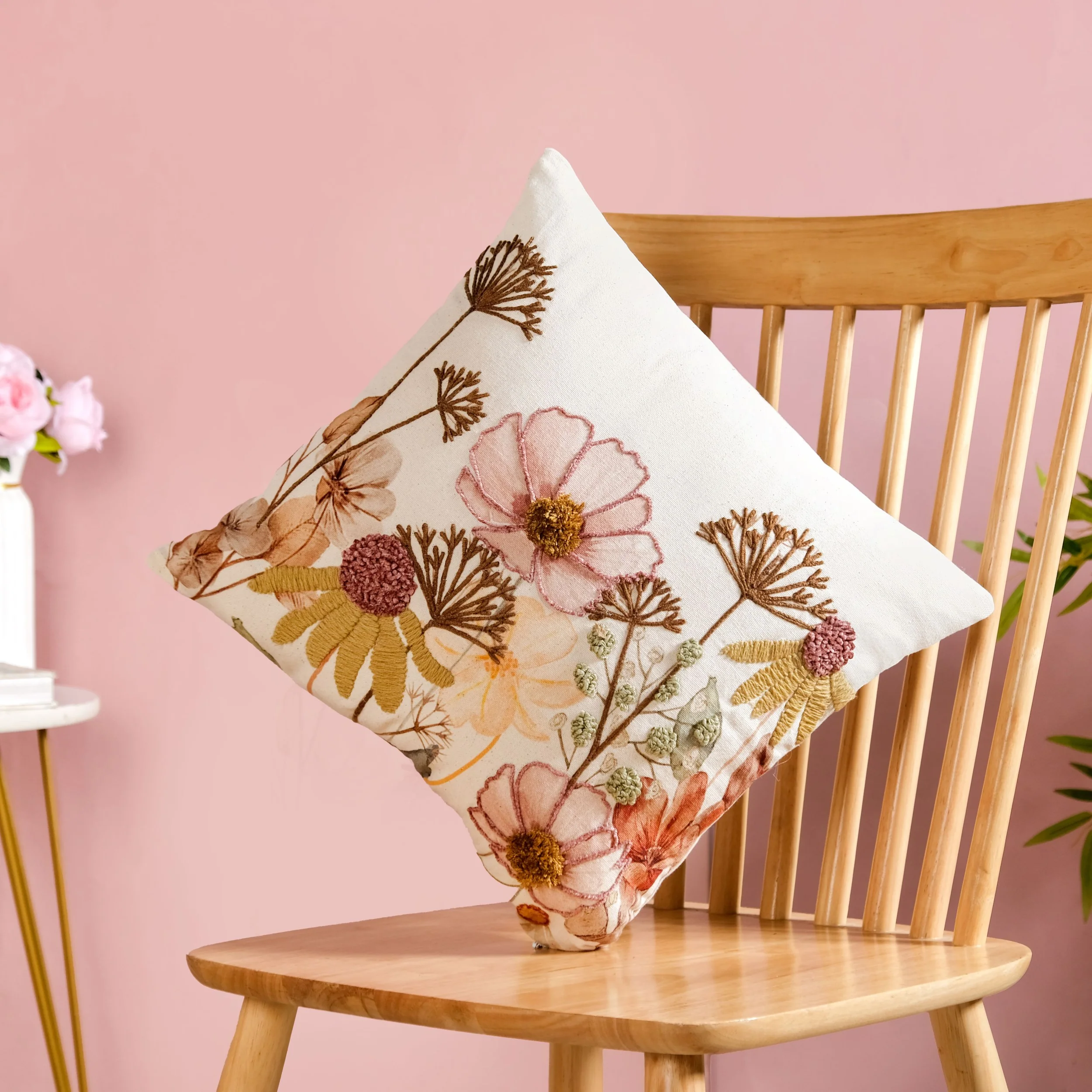 Botanical Embroidered Cotton Slub Cushion Cover 40x40cm