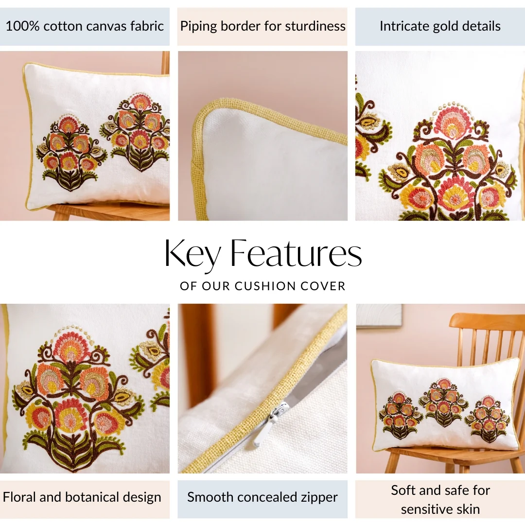 Bouquet Motif Cotton Canvas Embroidered Cushion Cover 50x30cm - Image 3