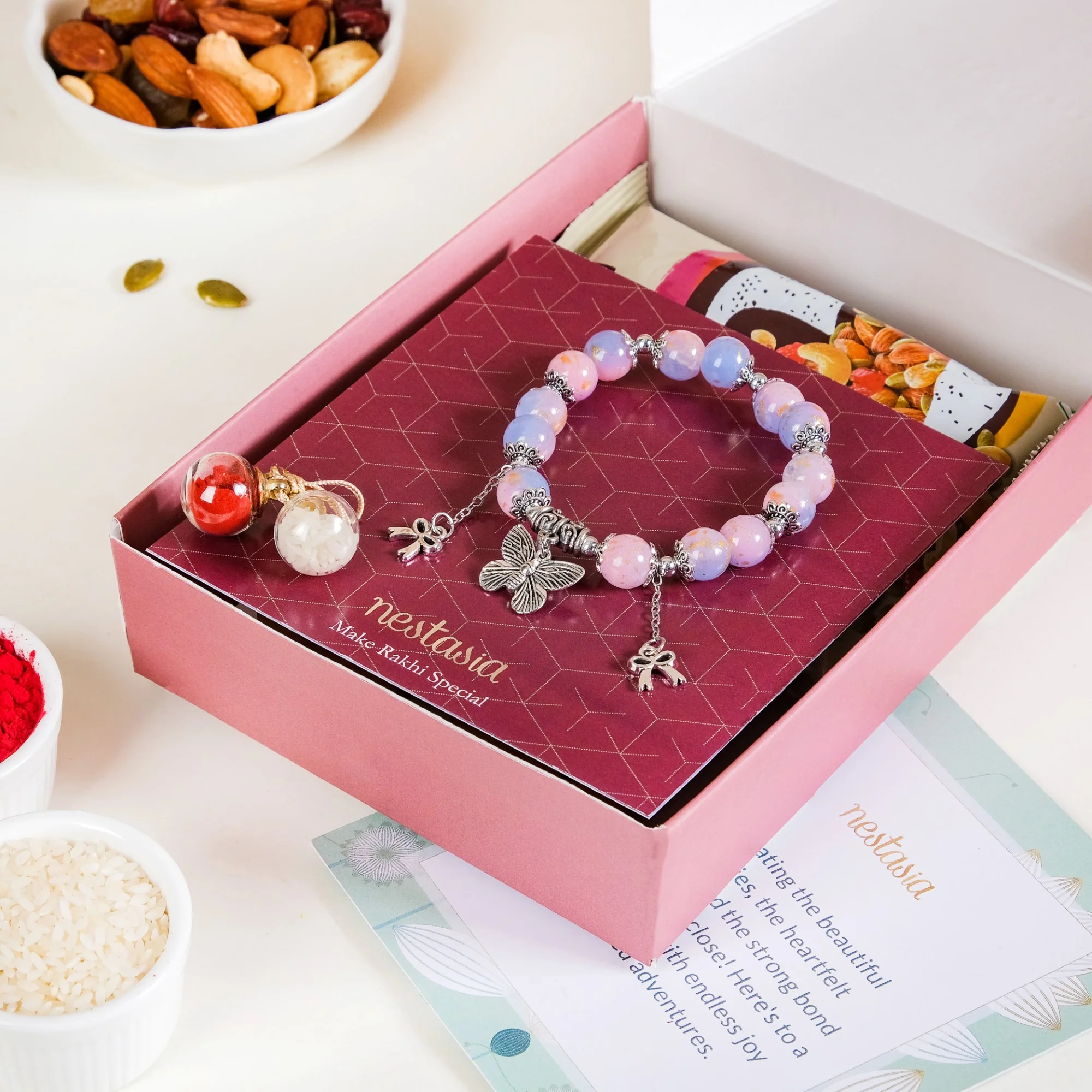 Bow Butterfly Charm Bracelet Rakhi Set Of 3 With Gift Box And Card - Image 2