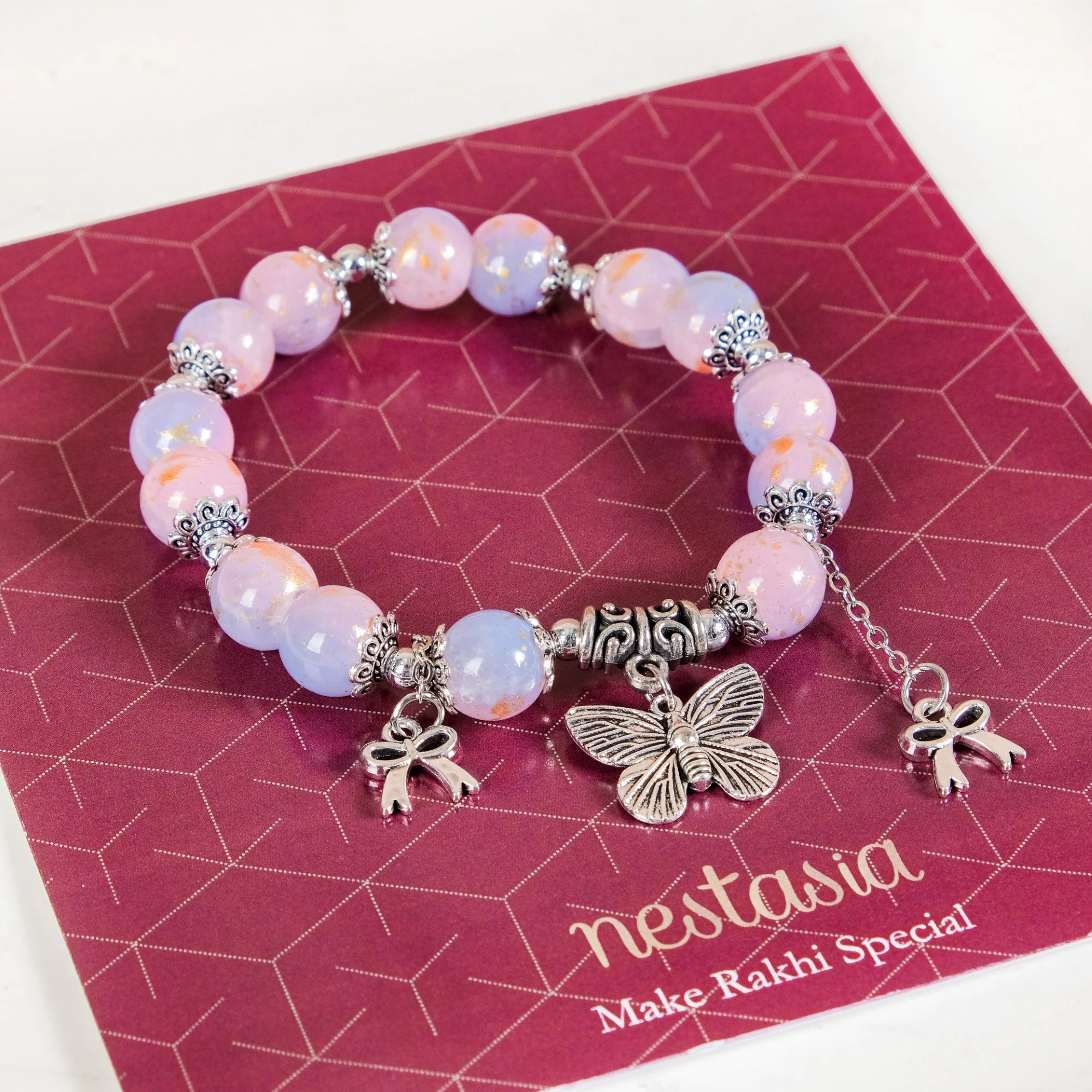 Bow Butterfly Charm Bracelet Rakhi Set Of 3 With Gift Box And Card - Image 3