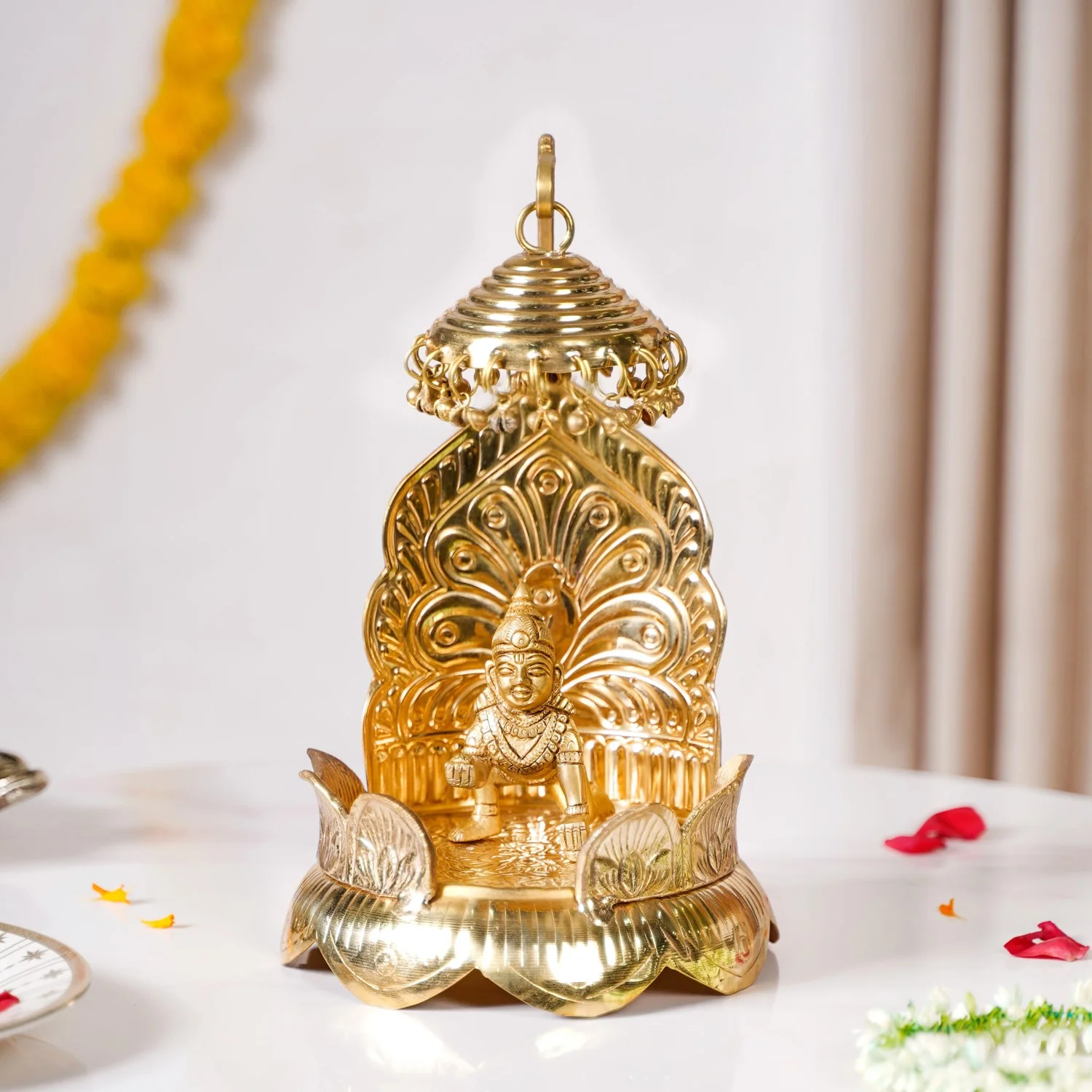 Brass Krishna Singhasan With Lotus And Peacock Embossing - Image 4