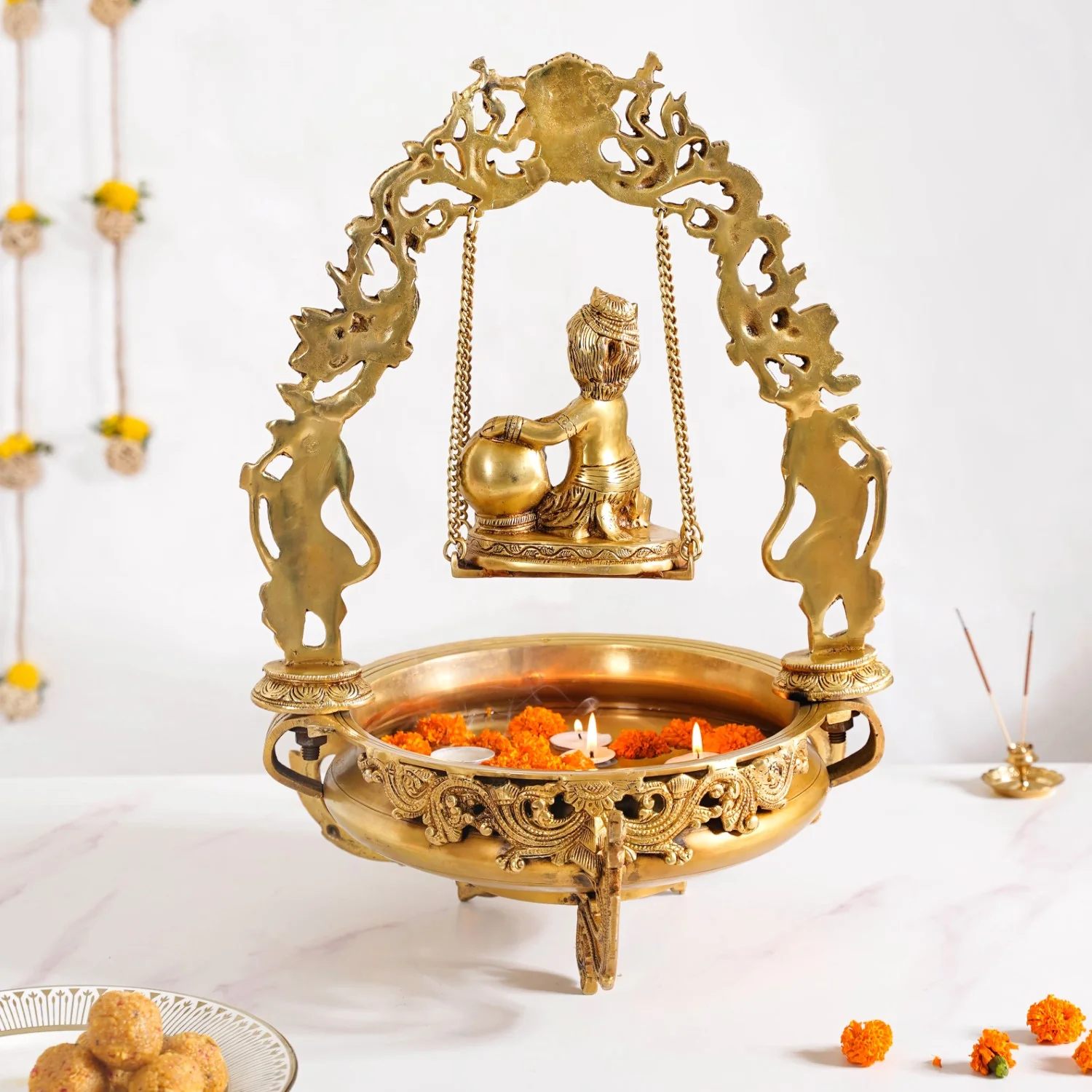 Brass Laddu Gopal Decorative Urli Bowl With Swing - Image 15