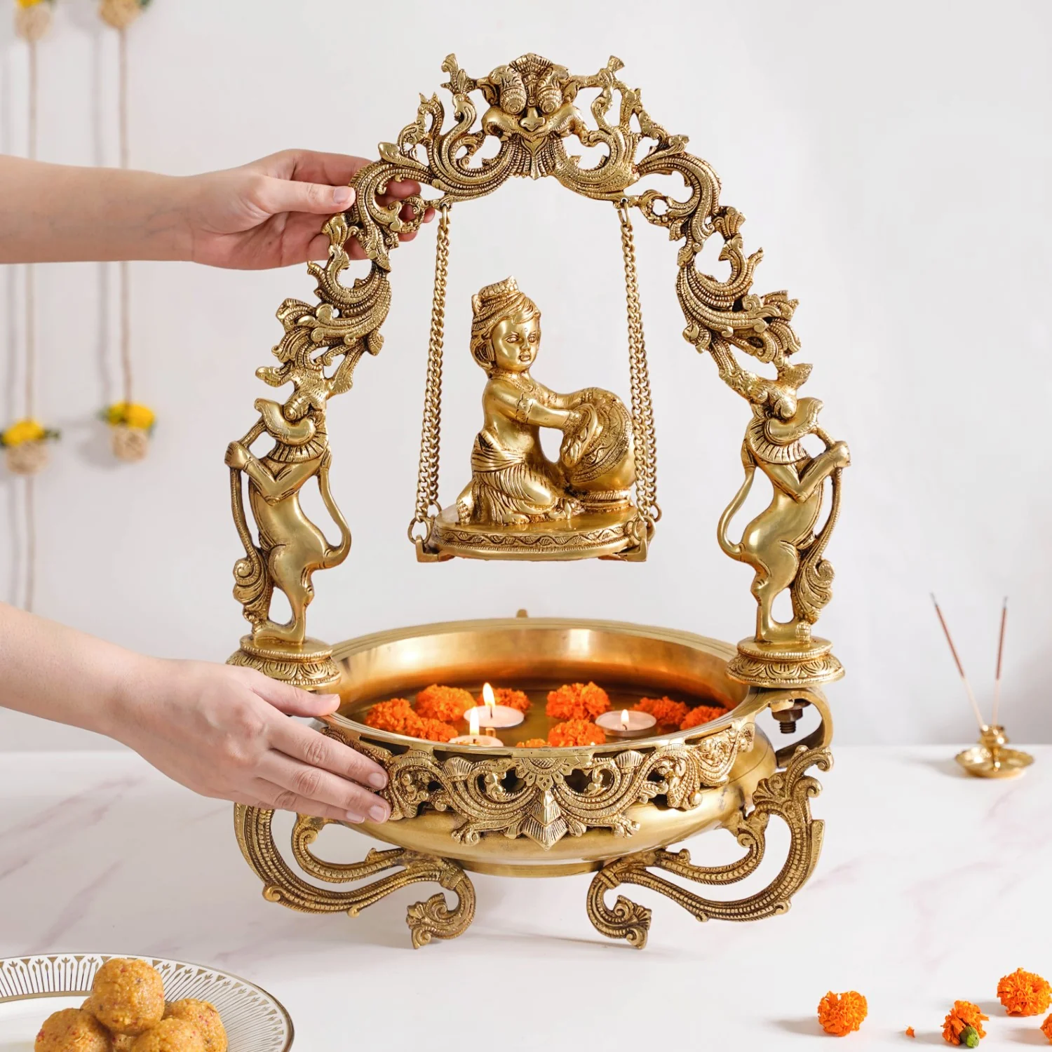 Brass Laddu Gopal Decorative Urli Bowl With Swing - Image 3