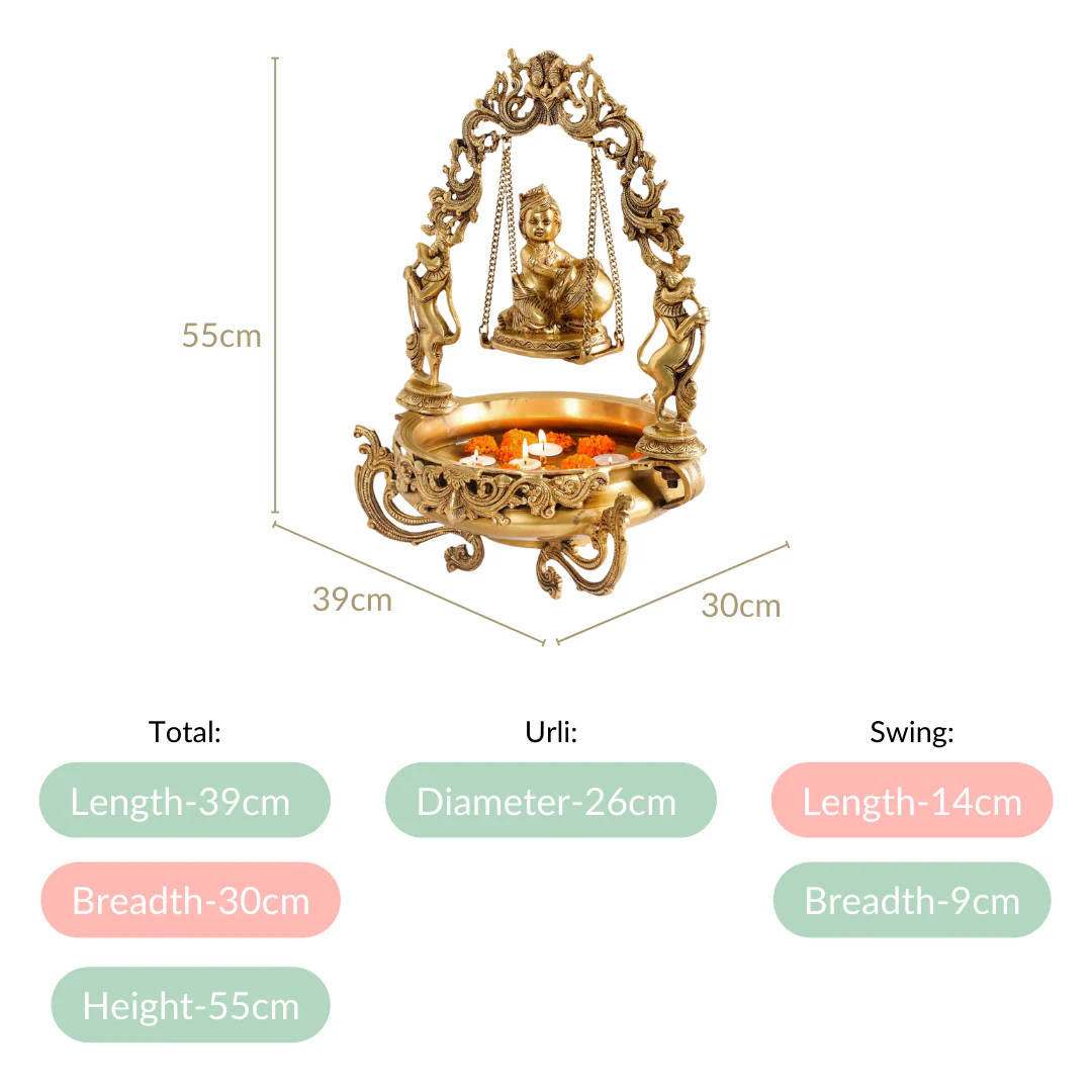 Brass Laddu Gopal Decorative Urli Bowl With Swing - Image 4