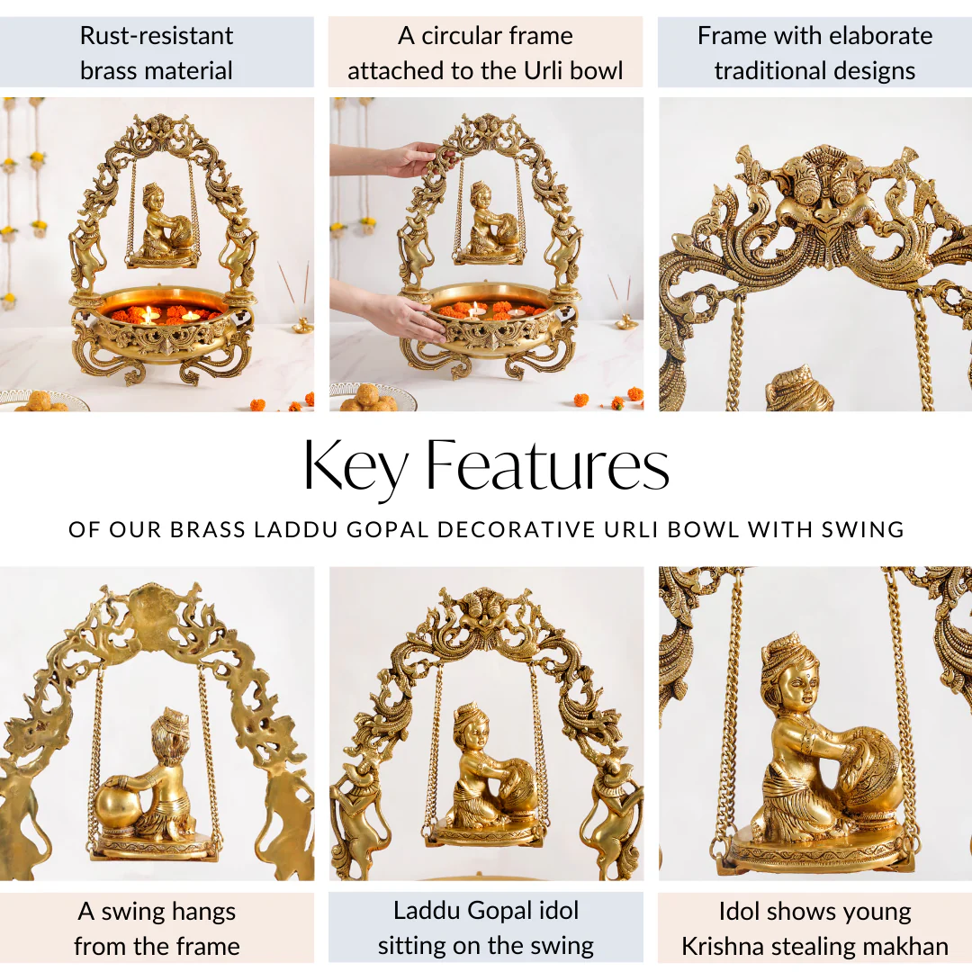 Brass Laddu Gopal Decorative Urli Bowl With Swing - Image 5