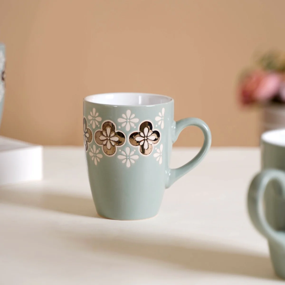 Bronze Flowers Sage Blue Coffee Mug Set Of 6 350ml - Image 3