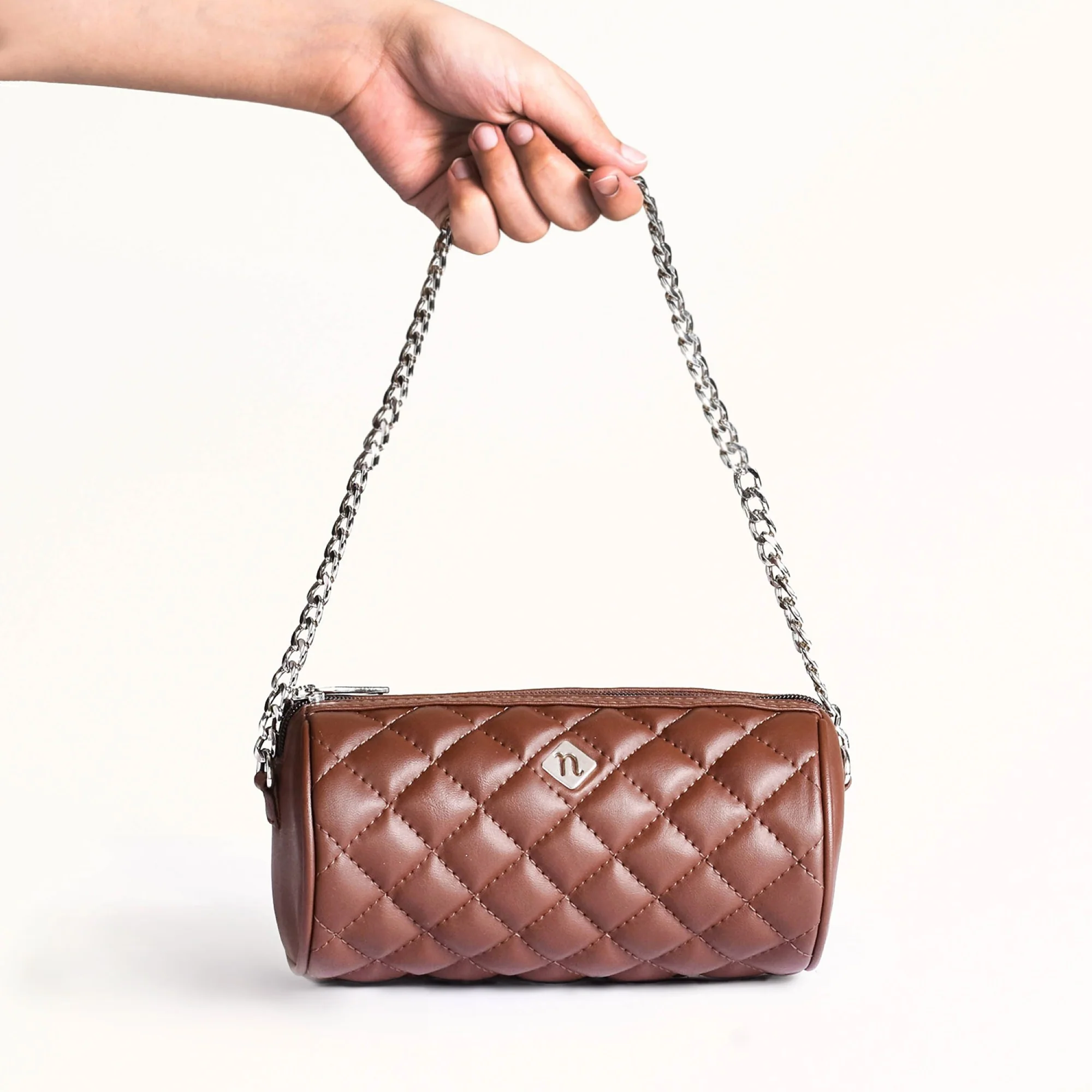Brown Mini Barrel Bag With Sling Chain - Image 3
