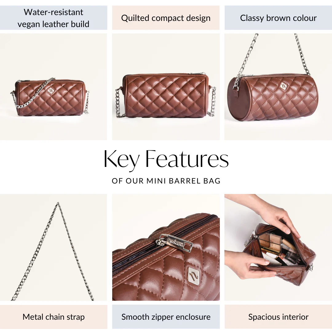 Brown Mini Barrel Bag With Sling Chain - Image 5