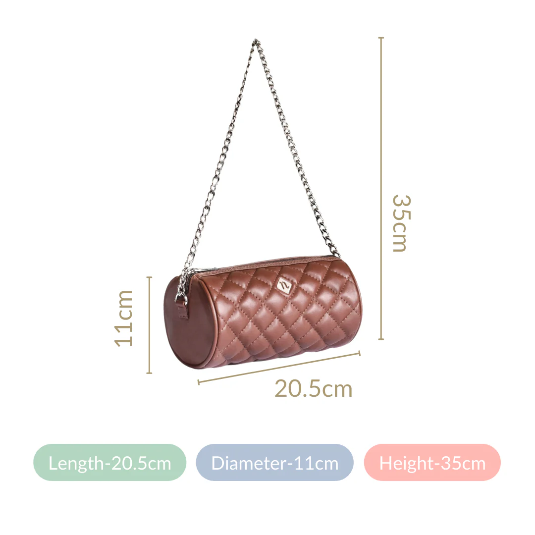 Brown Mini Barrel Bag With Sling Chain - Image 6