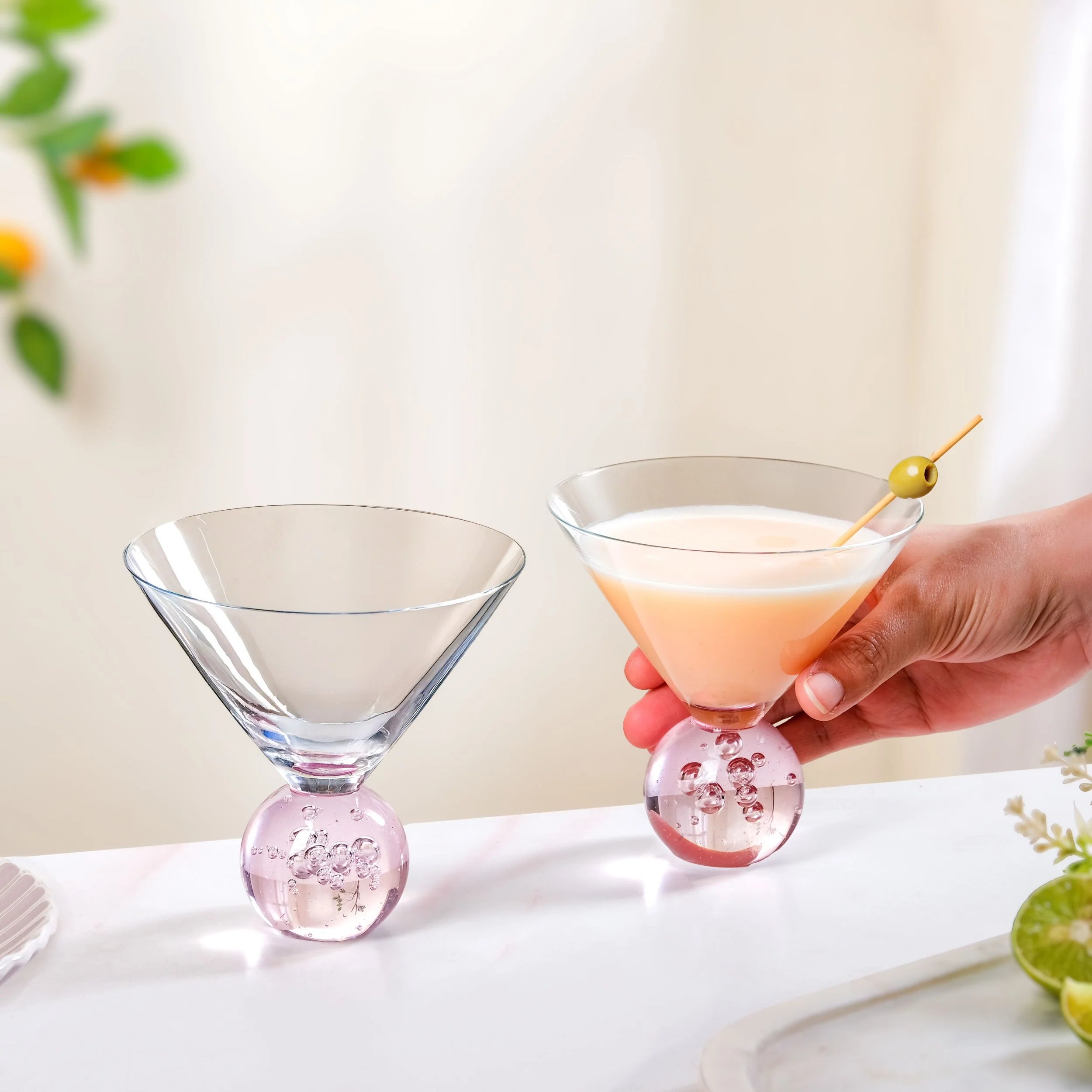Bubble Base Martini Glass Set Of 2 220ml Pink - Image 3