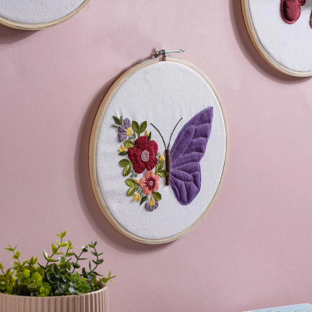 Butterfly Floral Hand Embroidered Hoop Wall Hanging 10 Inch - Image 3