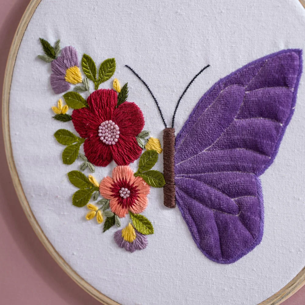 Butterfly Floral Hand Embroidered Hoop Wall Hanging 10 Inch - Image 5