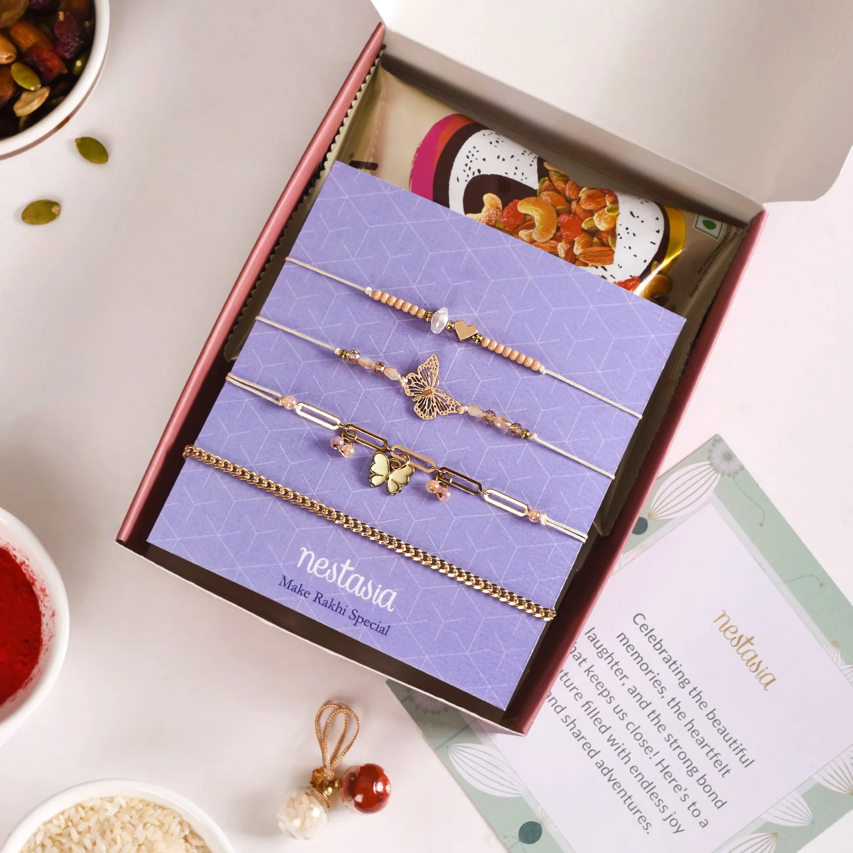 Butterfly Heart Rakhi Hamper Set Of 6 With Box And Card - Image 3