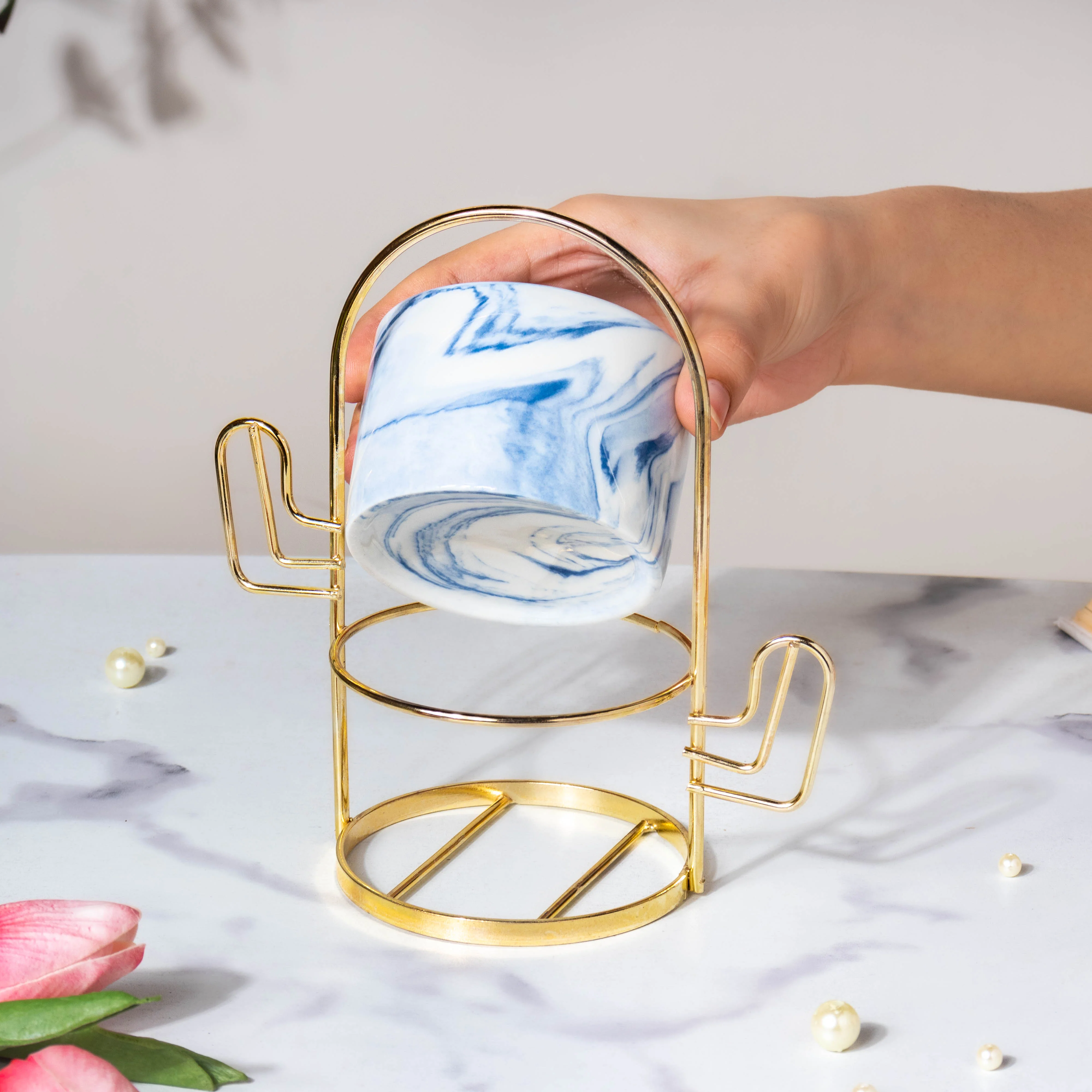 Cacti Frame Marble Ceramic Planter Blue - Image 3