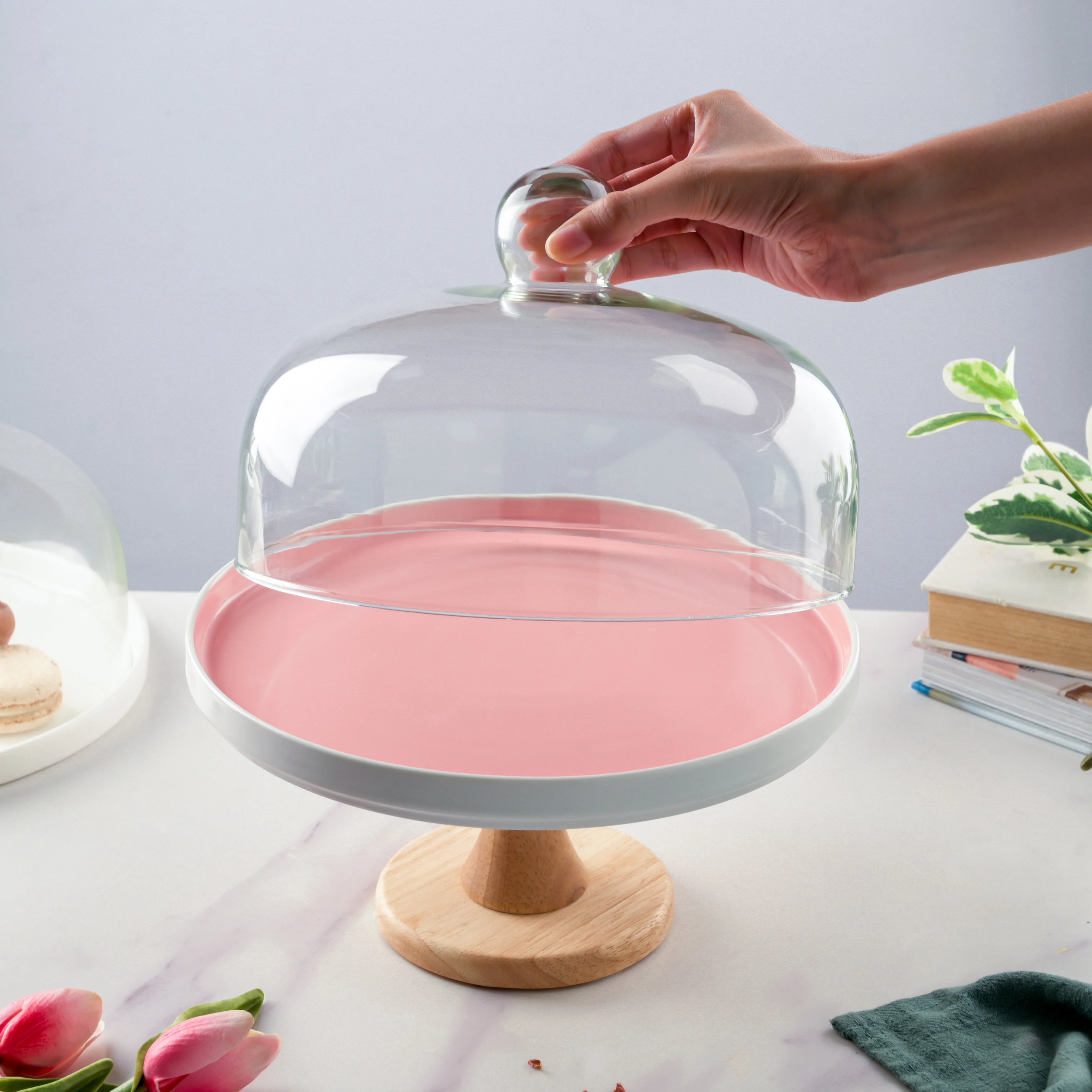Cake Stand With Cloche Pink 7.5 Inch - Image 2