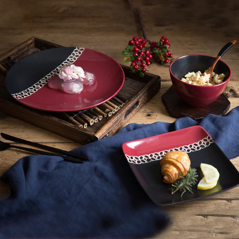 Carmine Red and Black Square Plate 8 Inch - Image 11