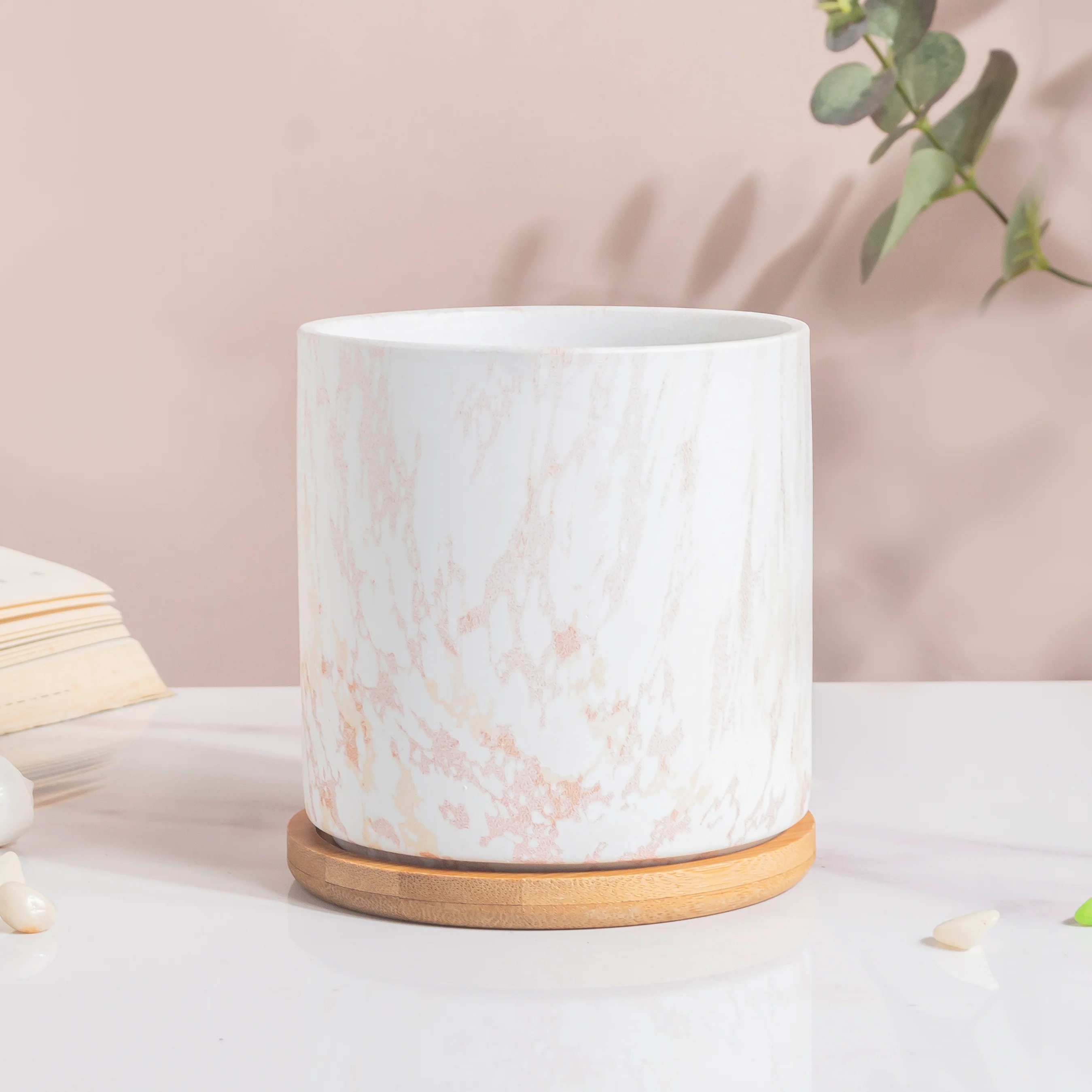 Carrara White And Brown Ceramic Planter With Wooden Coaster - Image 5