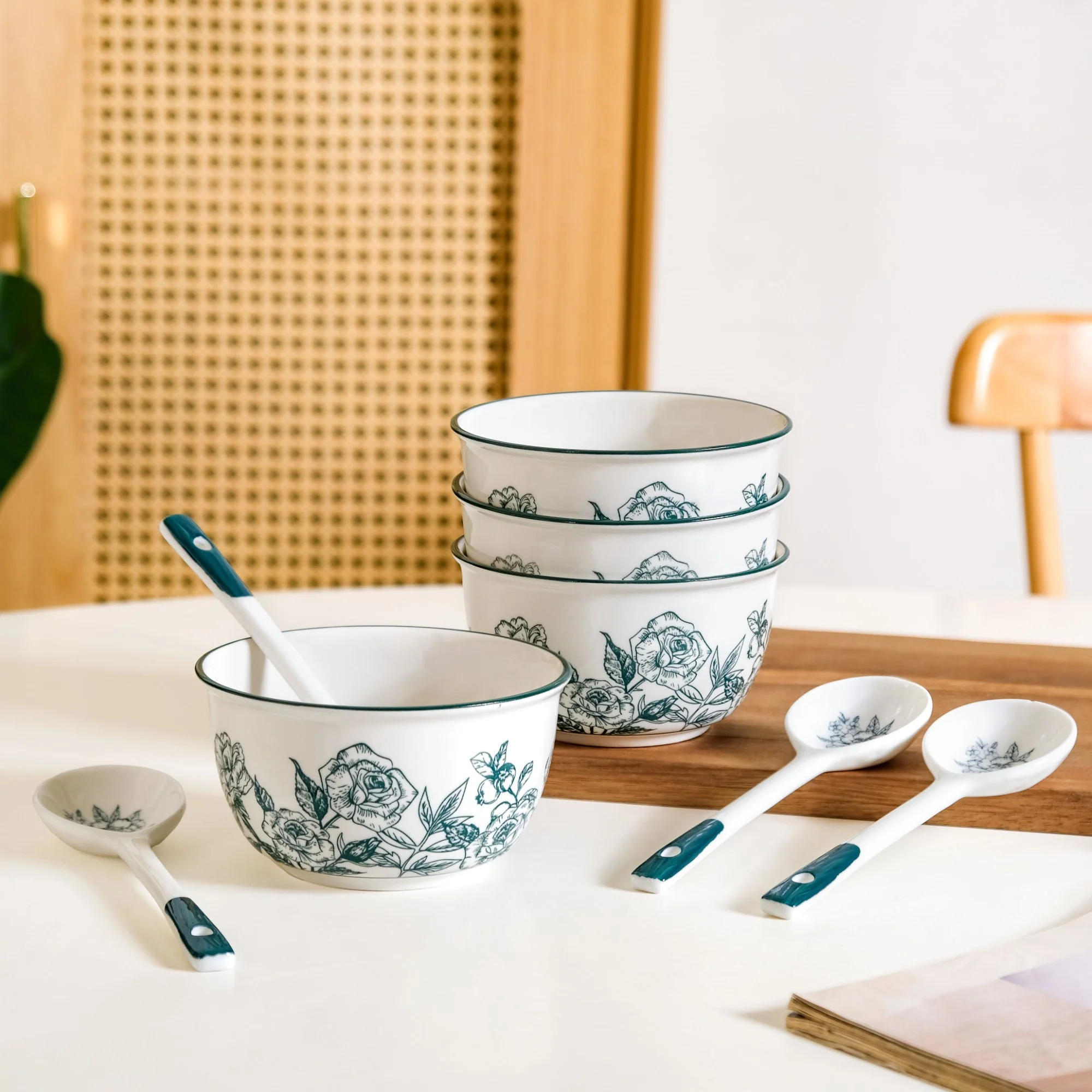 Ceramic Rose Bowl With Spoon Set Of 4 Green White 400ml - Image 9