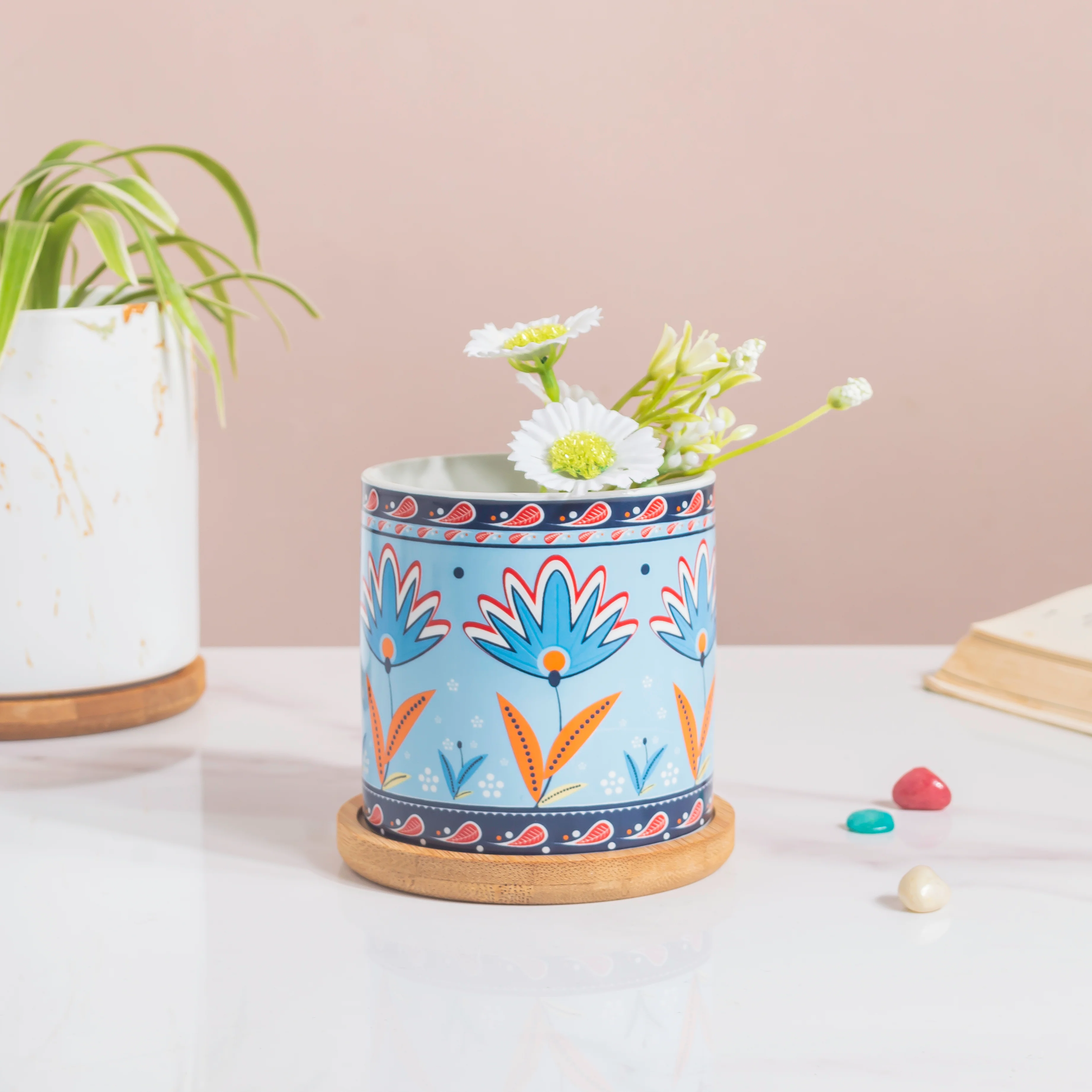 Cerulean Bloom Botanical Planter With Wooden Coaster