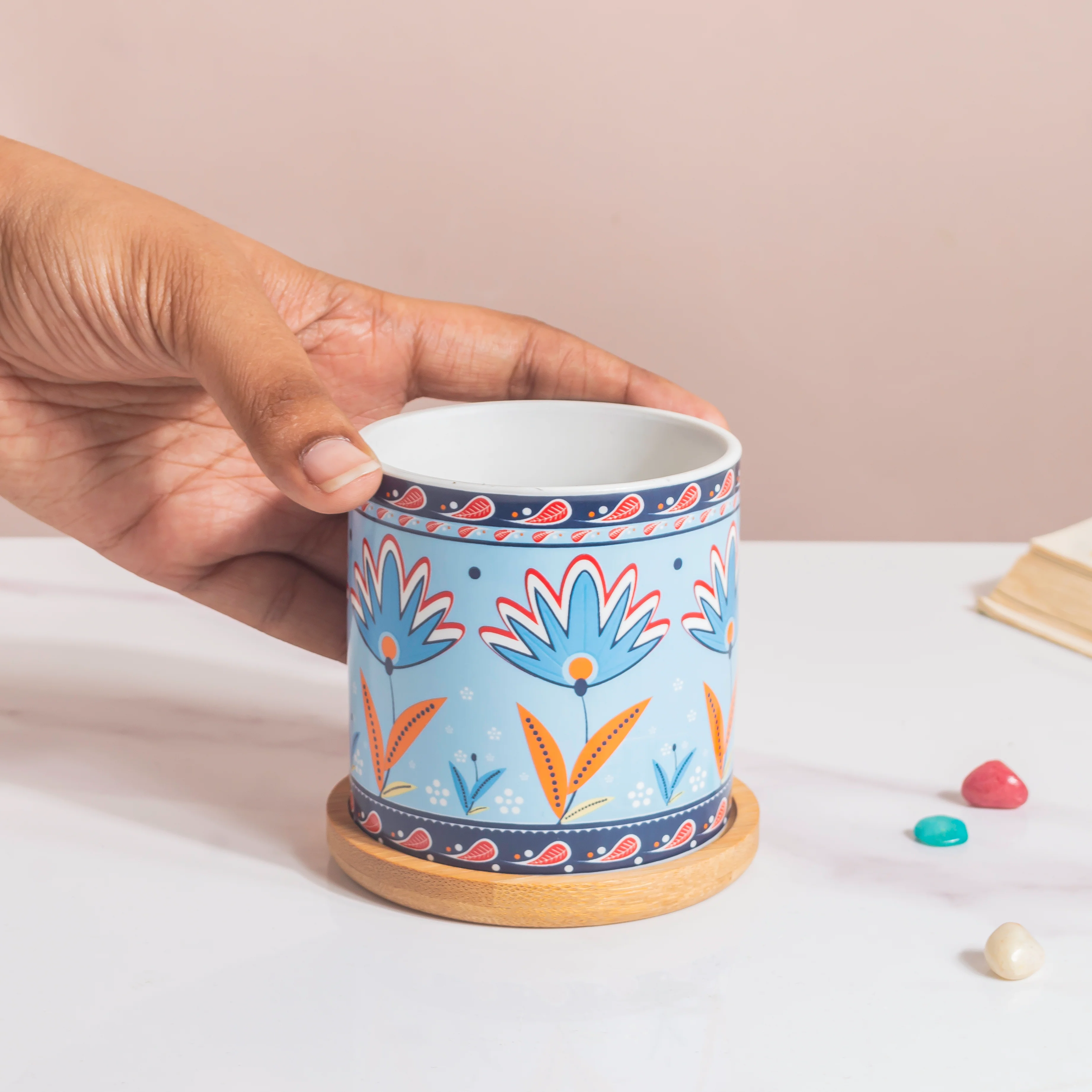 Cerulean Bloom Botanical Planter With Wooden Coaster - Image 2