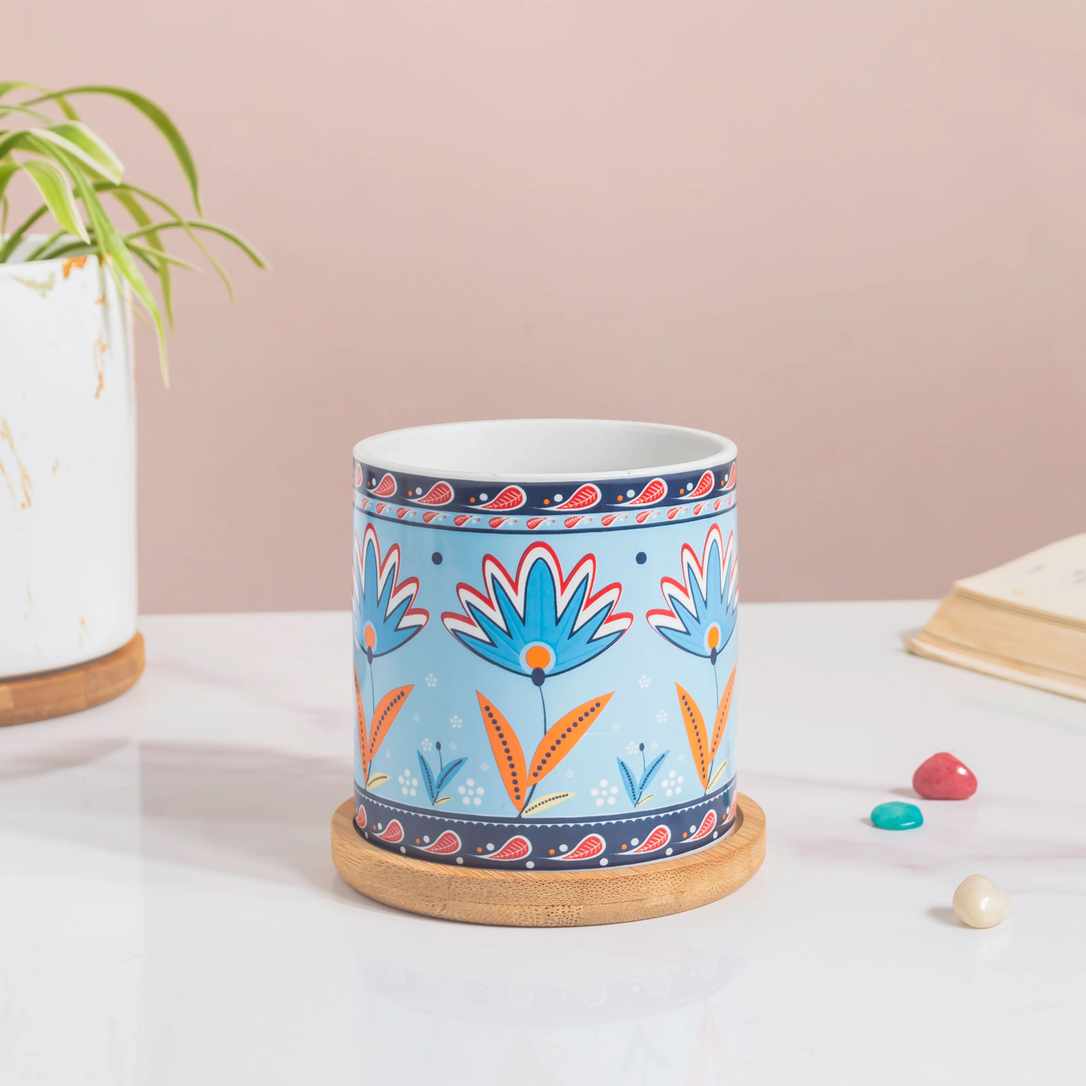 Cerulean Bloom Botanical Planter With Wooden Coaster - Image 4