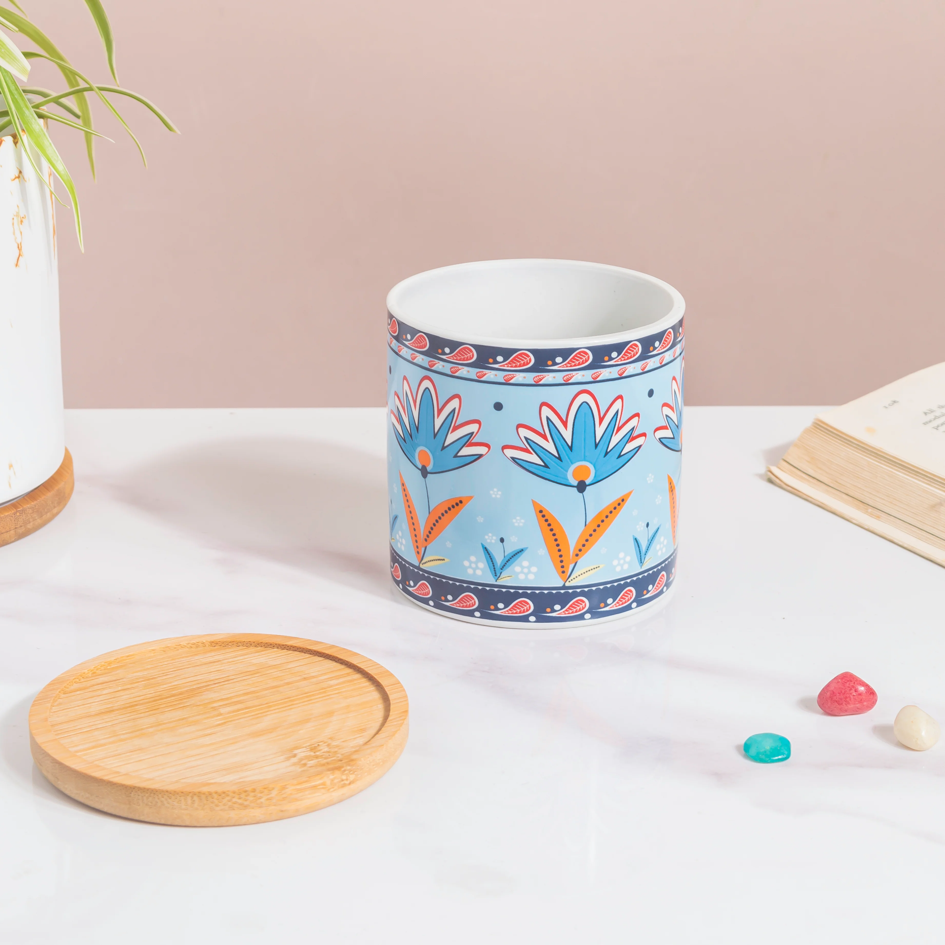 Cerulean Bloom Botanical Planter With Wooden Coaster - Image 5