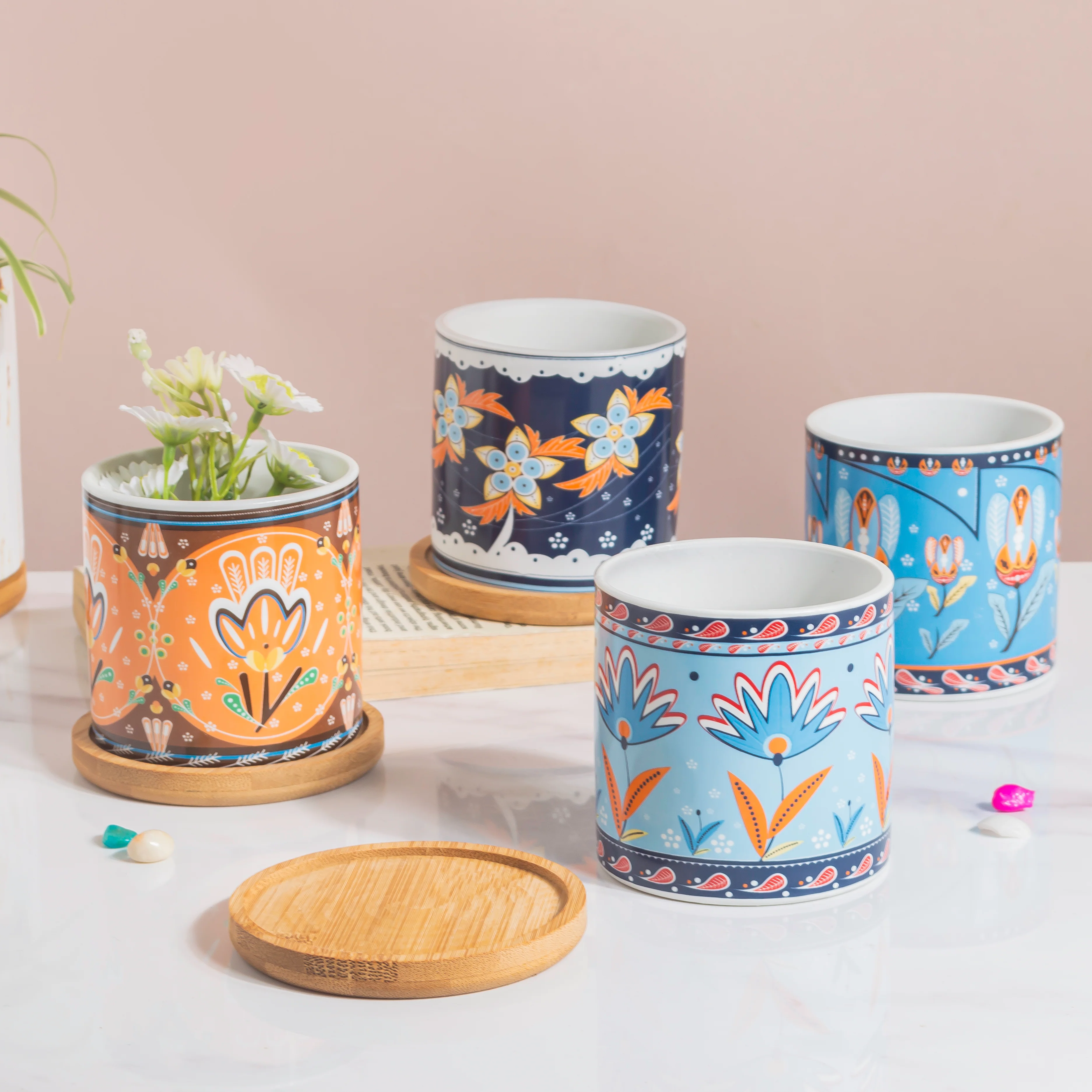 Cerulean Bloom Botanical Planter With Wooden Coaster - Image 9