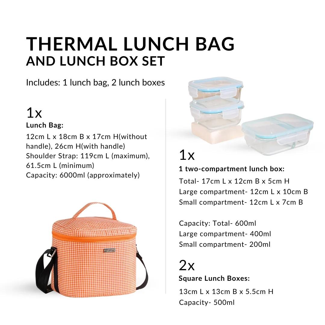 Checkered Thermal Lunch Bag Lunch Box Set Orange - Image 4