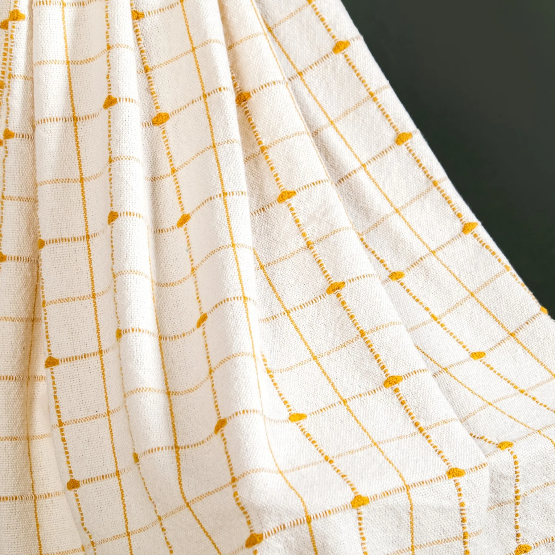Checkered White And Mustard Yellow Tassel Cotton Throw - Image 6