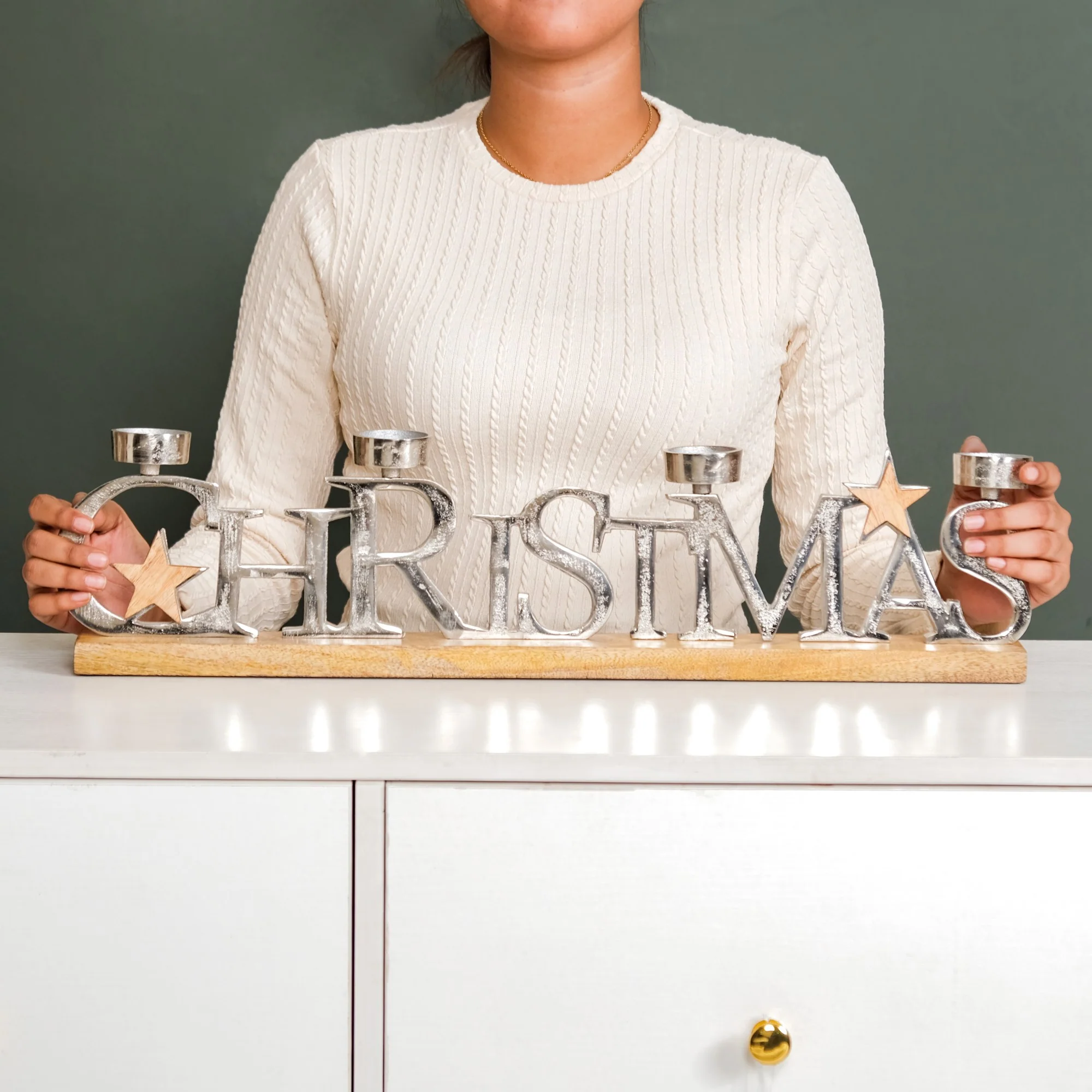 Christmas Lettering Tea Light Holder With Wooden Base Large - Image 2