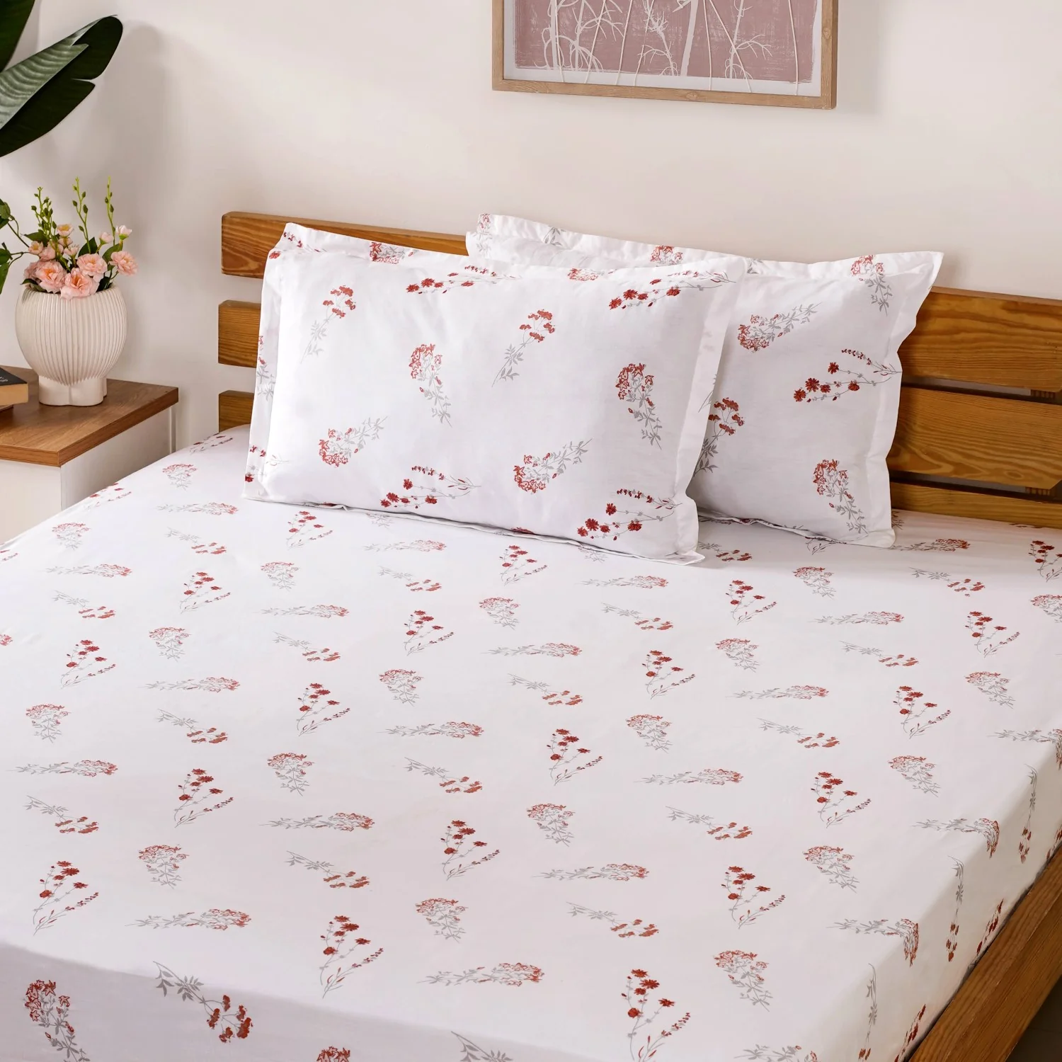 Chrysanthemum 180 TC Pure Cotton Bedding Set Soft Touch King Size Red 275x275 cm - Image 6
