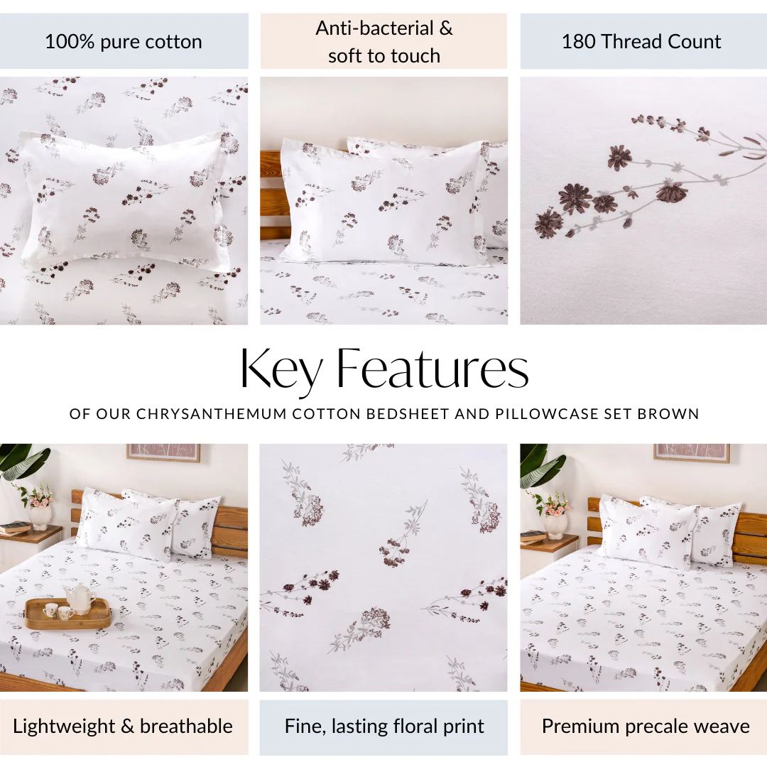 Chrysanthemum 180 TC Pure Cotton Bedsheet And Pillowcase Set Green King Size 275x275 cm - Image 4