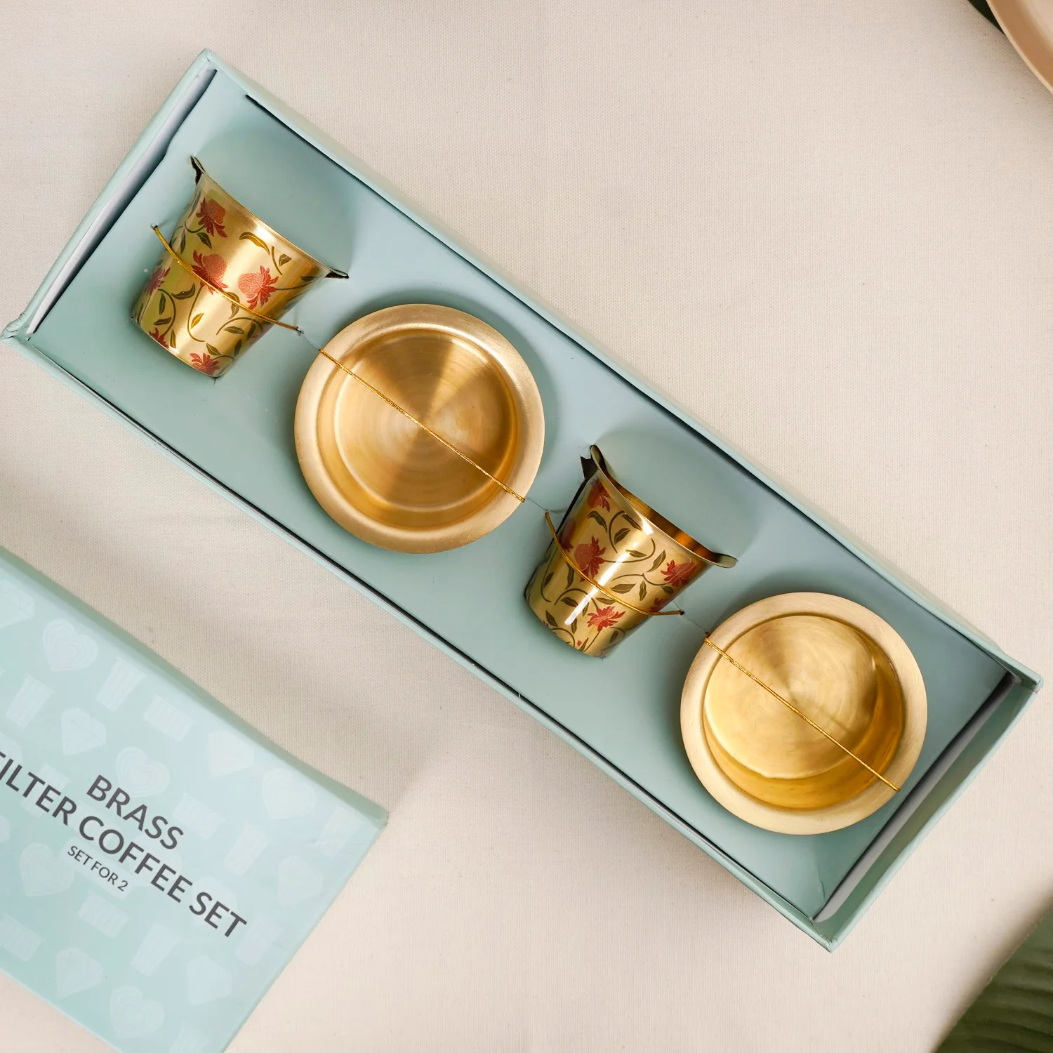Chrysanthemums Pure Brass Filter Coffee Dabara Set For 2 With Gift Box - Image 2