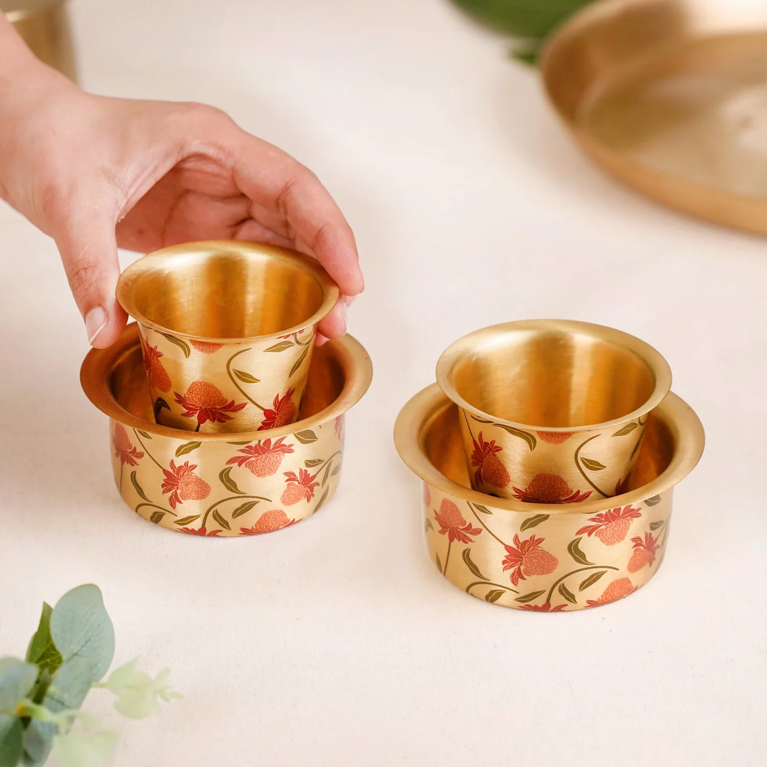 Chrysanthemums Pure Brass Filter Coffee Dabara Set For 2 With Gift Box - Image 3