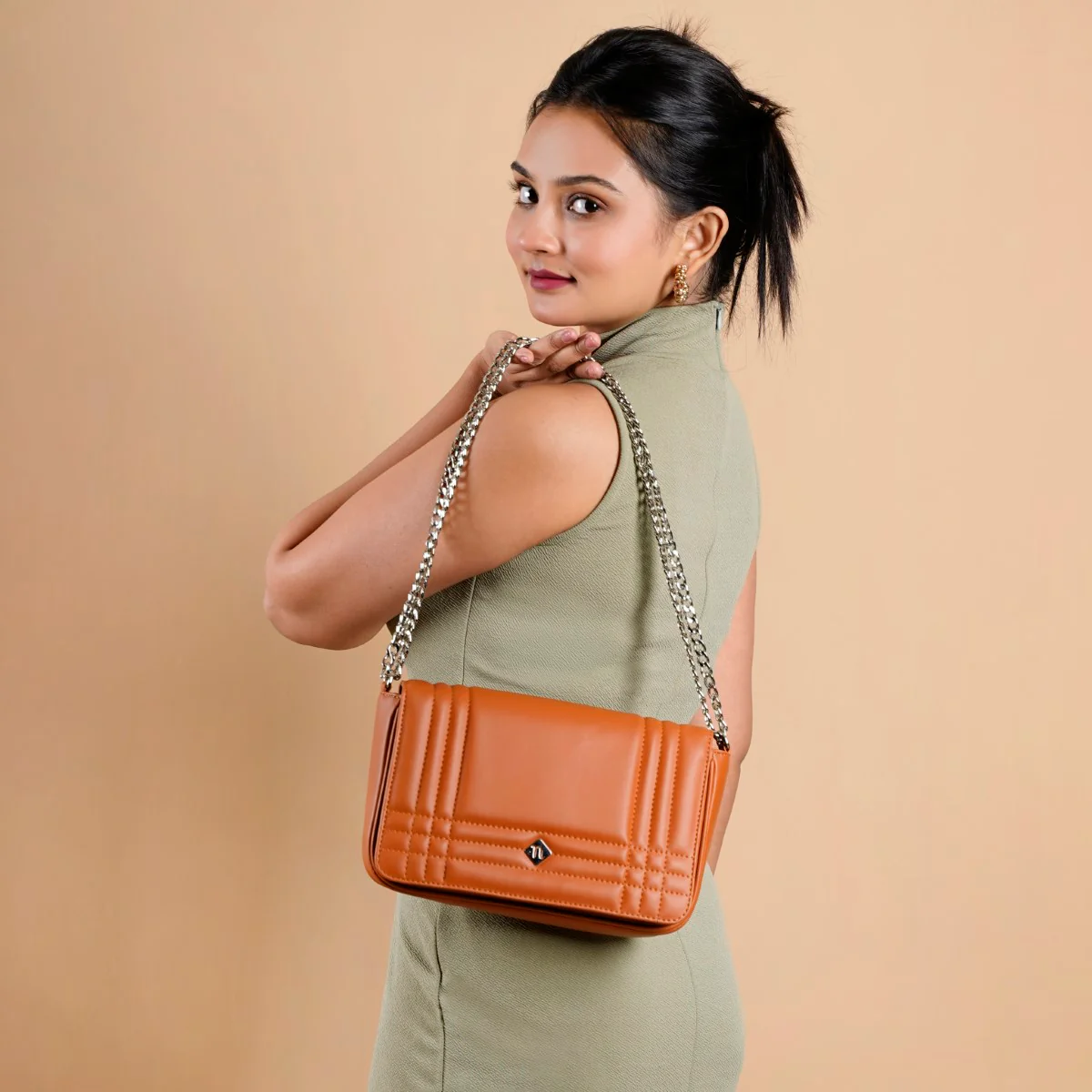 Classic Flap Tan Shoulder Bag With Chain - Image 2