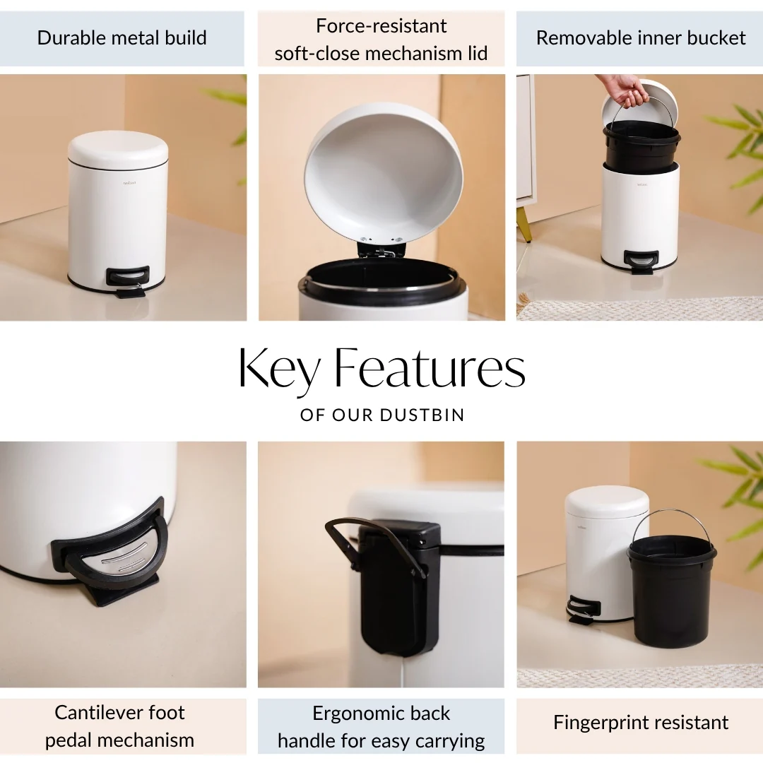 Clean Curve Metal Dustbin With Removable Bucket White 5000ml - Image 5