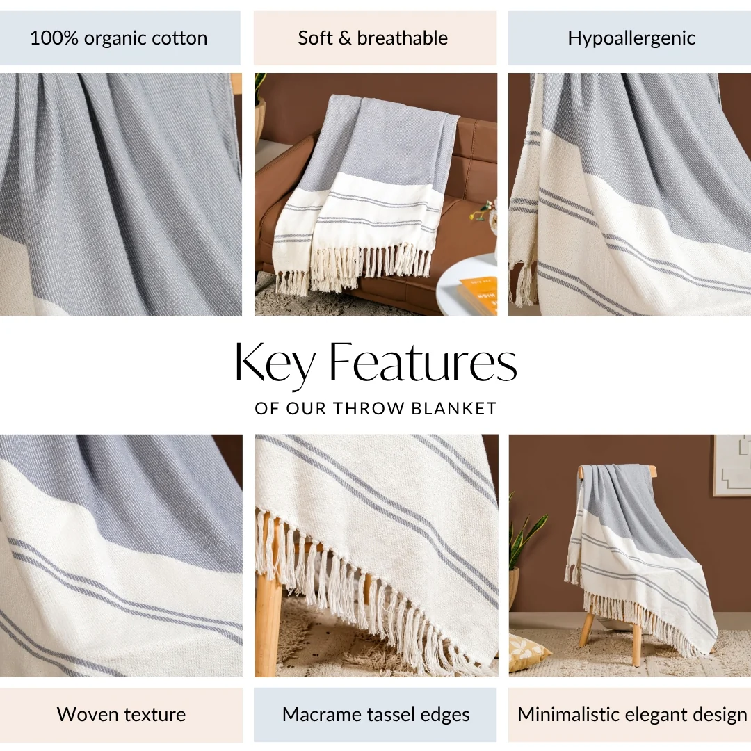 Coastal Blue And White Striped Cotton Throw With Tassels - Image 5