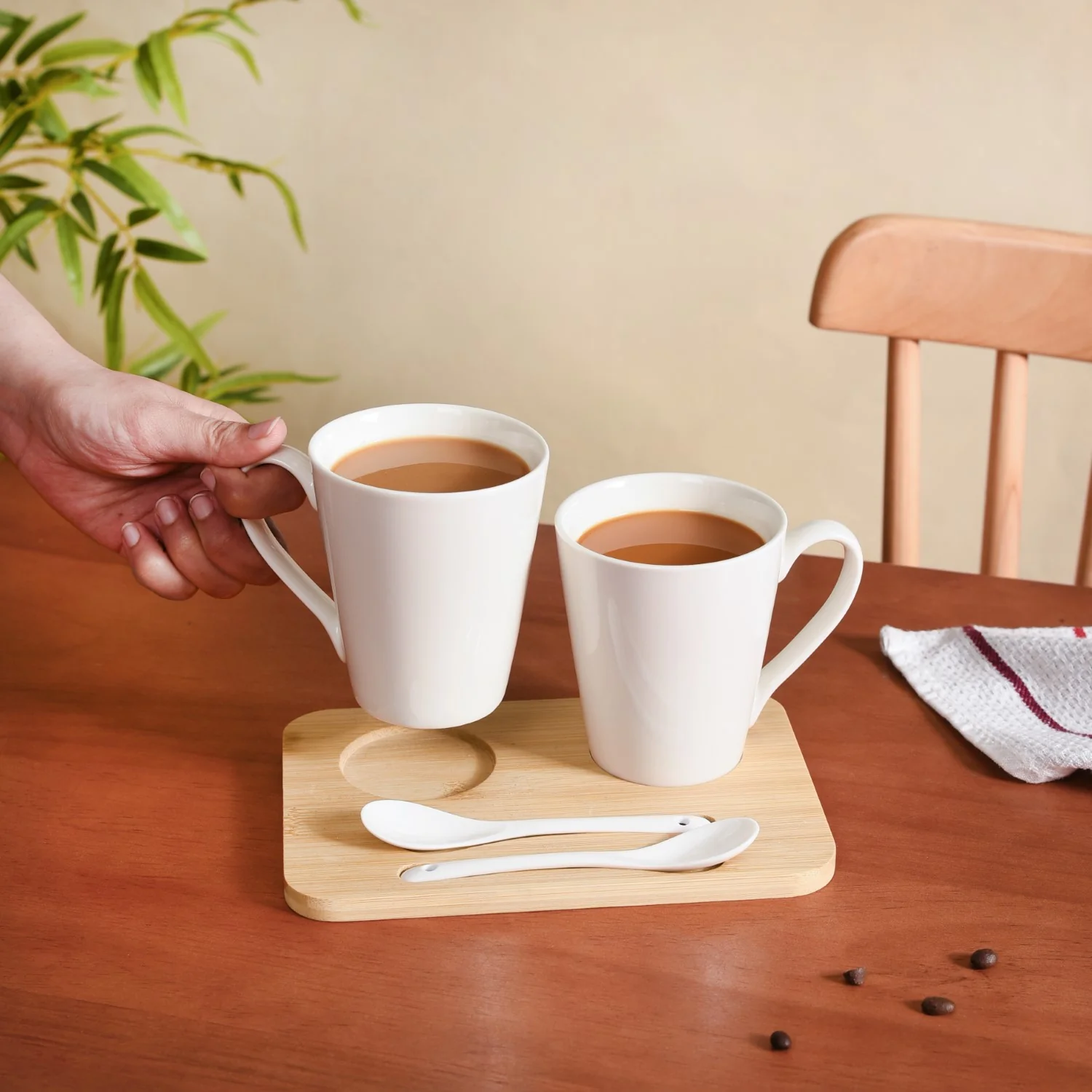 Coffee Mugs And Spoons With Wooden Tray For Two 350ml - Image 2