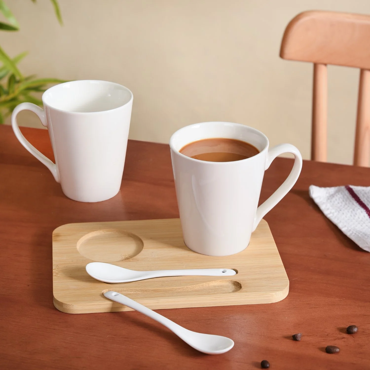 Coffee Mugs And Spoons With Wooden Tray For Two 350ml - Image 3