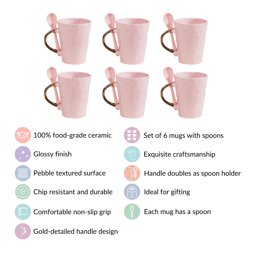 Coffee Mugs With Spoons Pink Set Of 6 350ml - Image 4