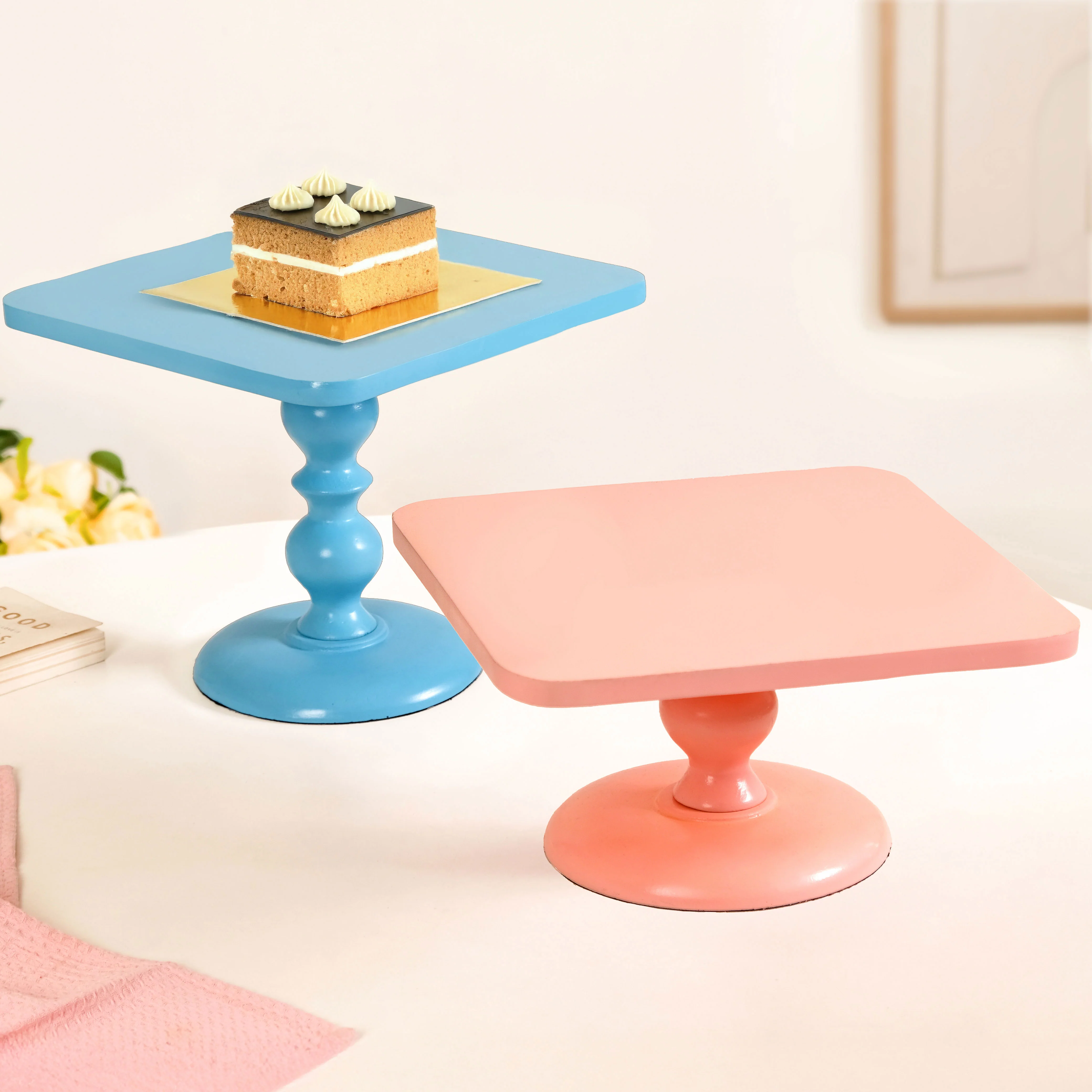 Colour Pop Square Riser Cake Stand Set Of 2 Peach Blue - Image 9