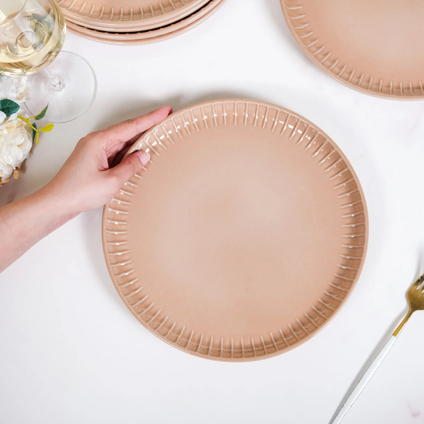 Costola Ceramic Dinner Plate Set Of 6 Pink 10 Inch - Image 3