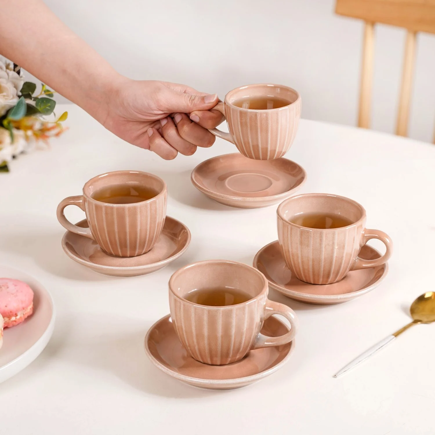 Costola Ceramic Tea Cup And Saucer Set Of 4 Pink 125ml - Image 2