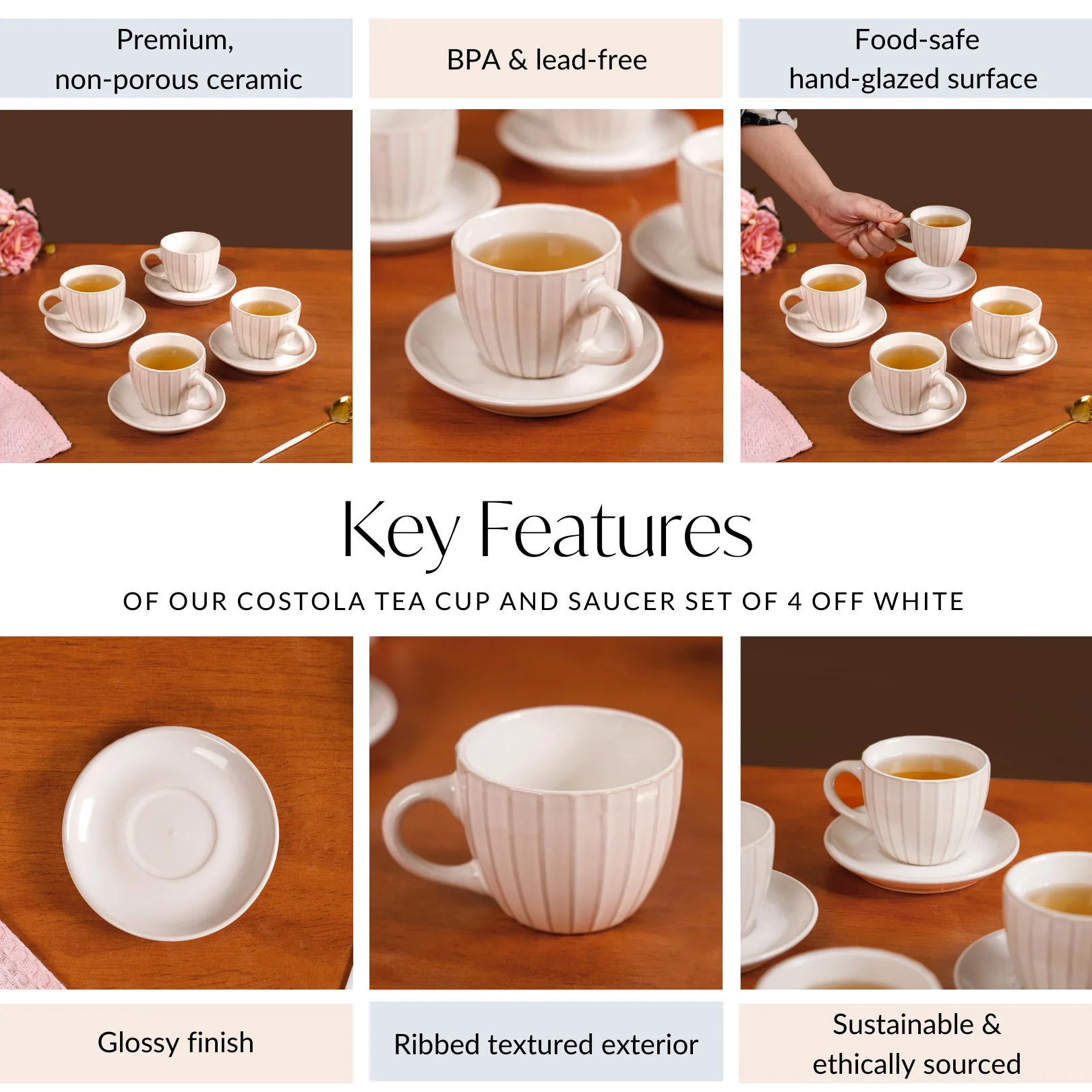 Costola Tea Cup And Saucer Set Of 4 Off White 125ml - Image 5